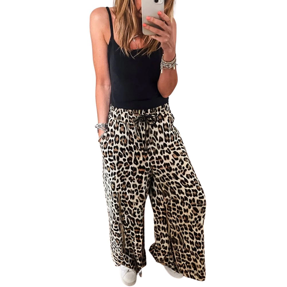 Sol Living Womens Parchment Leopard Drawstring Elastic Waistband Flowy Wide Leg Pants