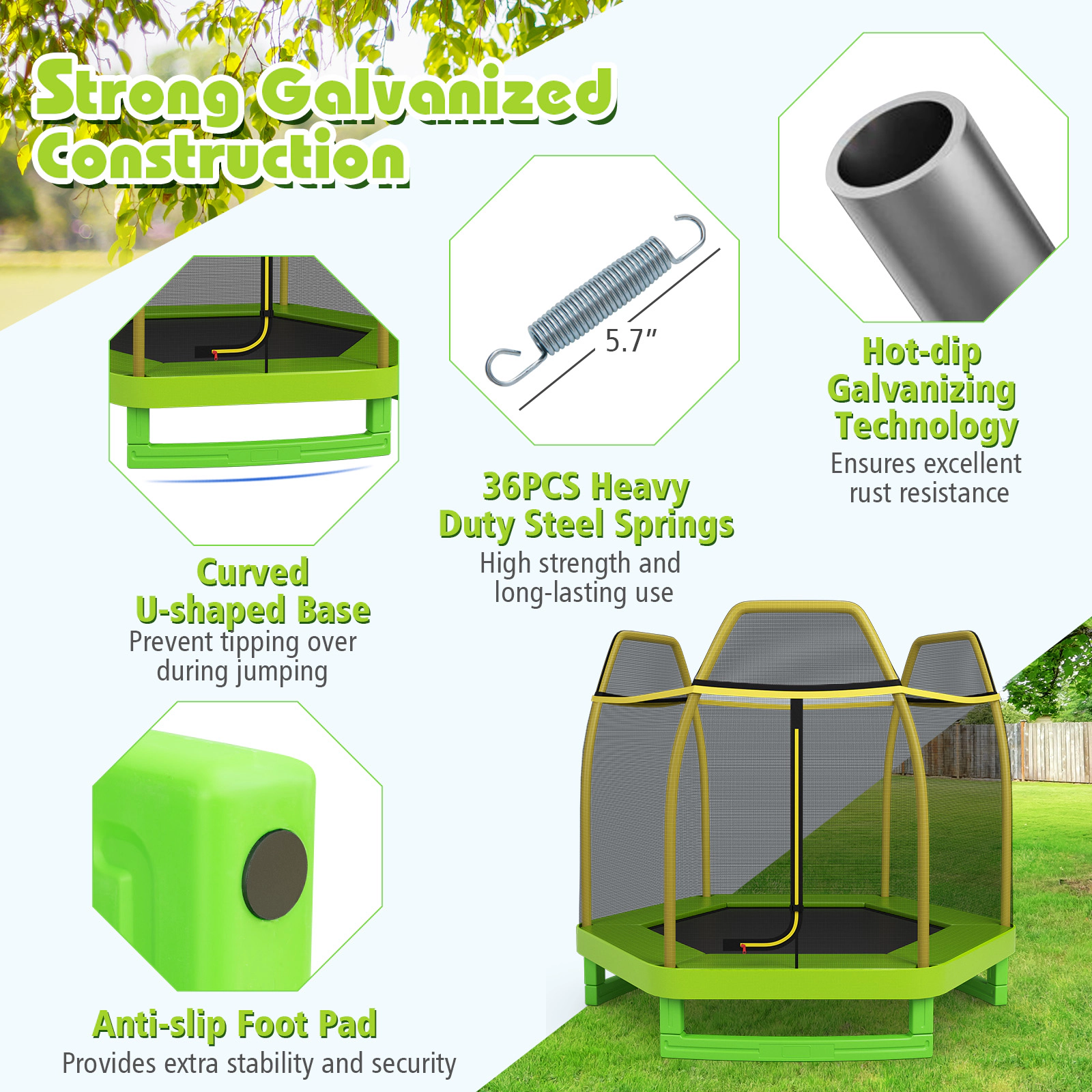 SUGIFT 7.3-ft Kids Recreational Bounce Jumper Trampoline with Enclosure Net 150-lb Capacity Ages 3+ Green