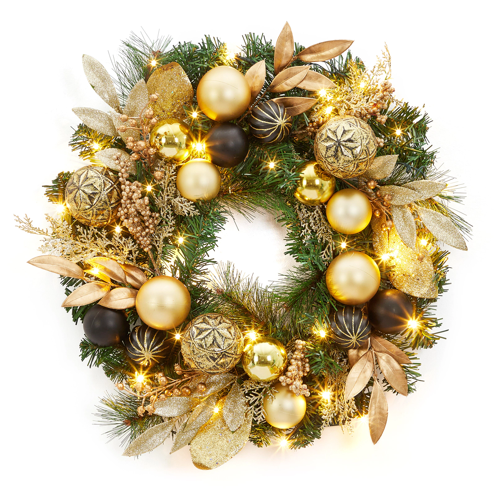 BebreezChic 22" Modern Christmas Wreath, Black Gold, Shiny Metallic Ornaments, Golden Foliage, Holiday Accent, Door Wall