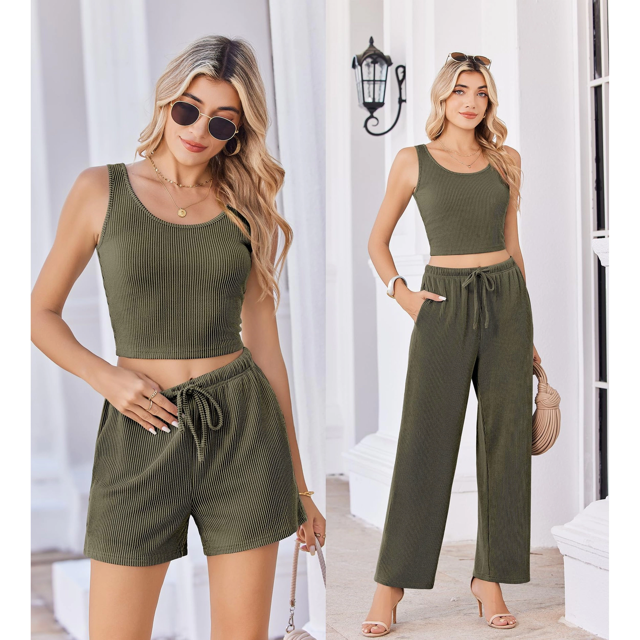 Ekouaer Women's Sleeveless Ribbed Tank Top Shorts Pants 3 Piece Set