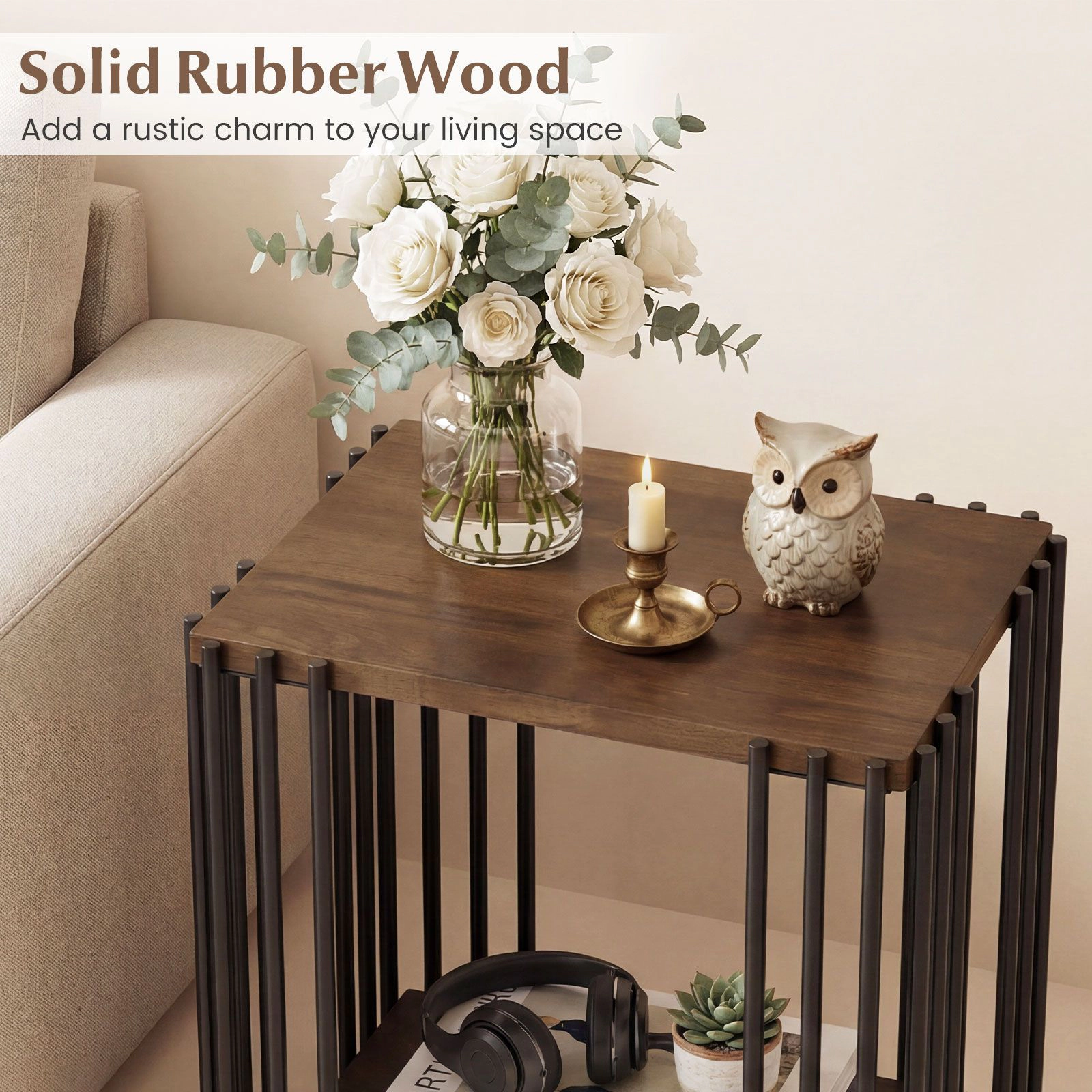 SlickBlue Rubber Wood Side Table with 2 Tier Storage Shelves