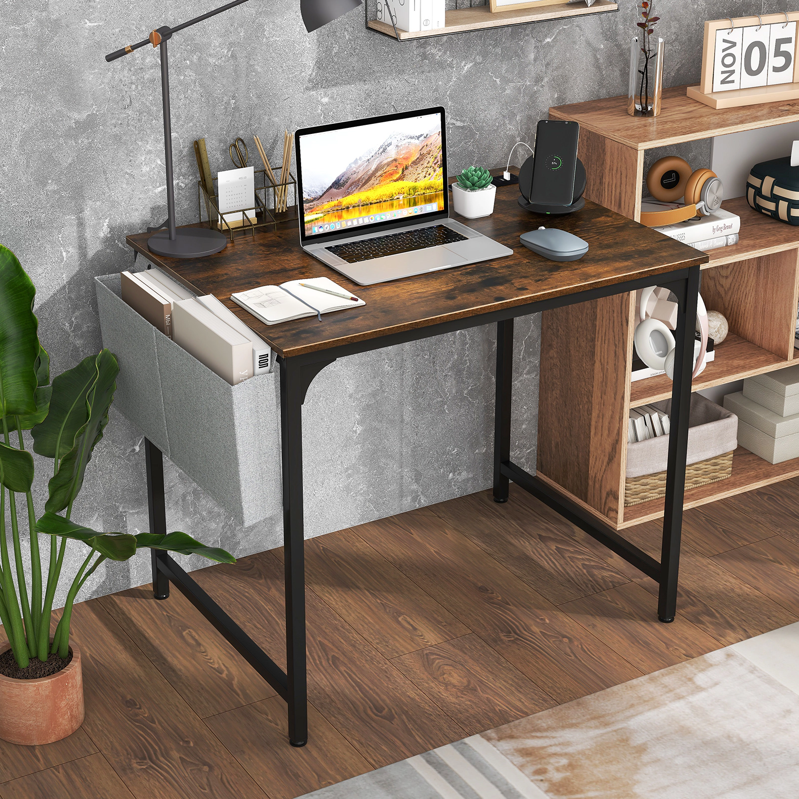 SUGIFT Rustic Brown 32-Inch Computer Desk with Charging Station, USB Port, Headphone Hook and Storage Bag