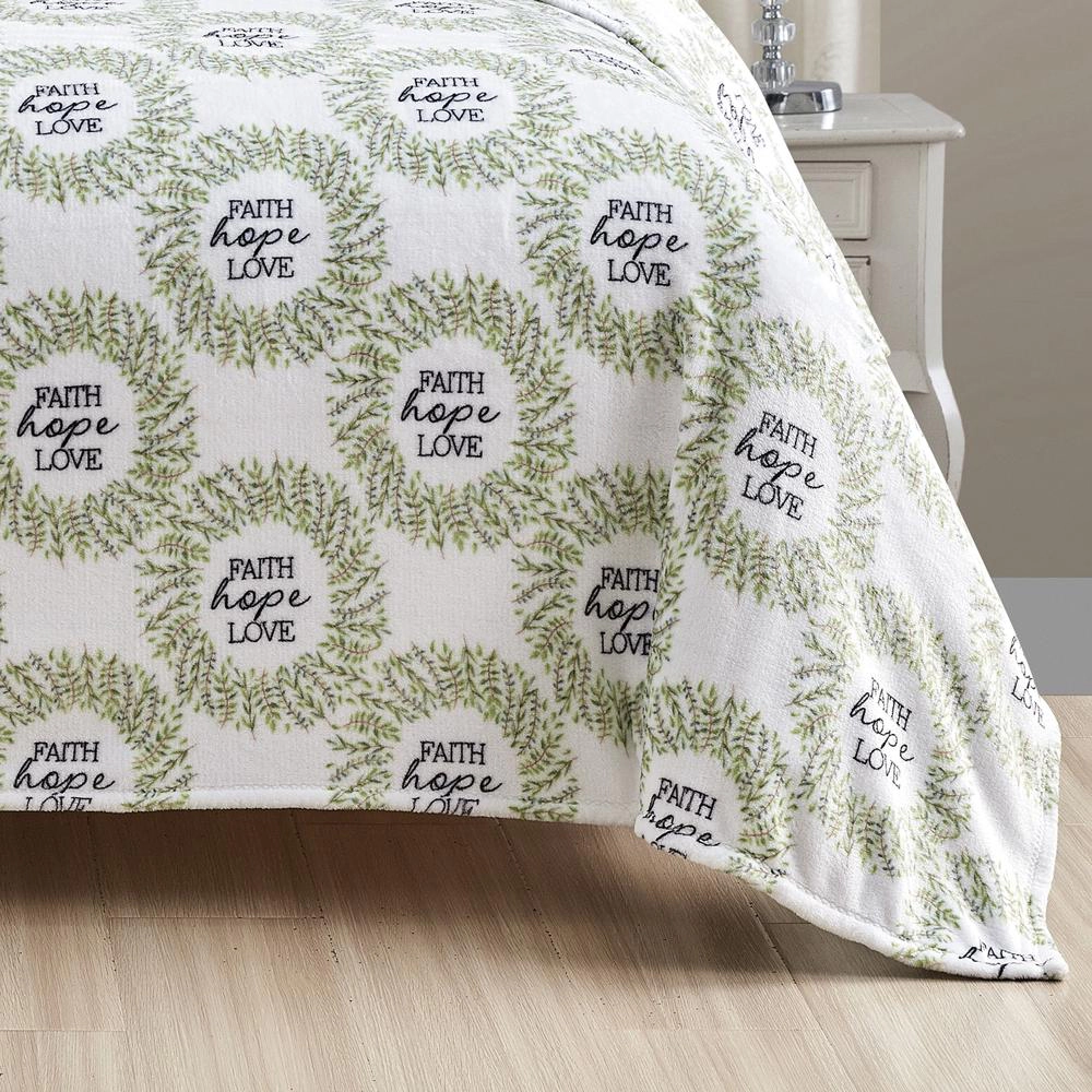 Plazatex Faith, Hope & Love Printed Luxurious Ultra Soft Lightweight Bed Blanket 90" x 90" White & Green