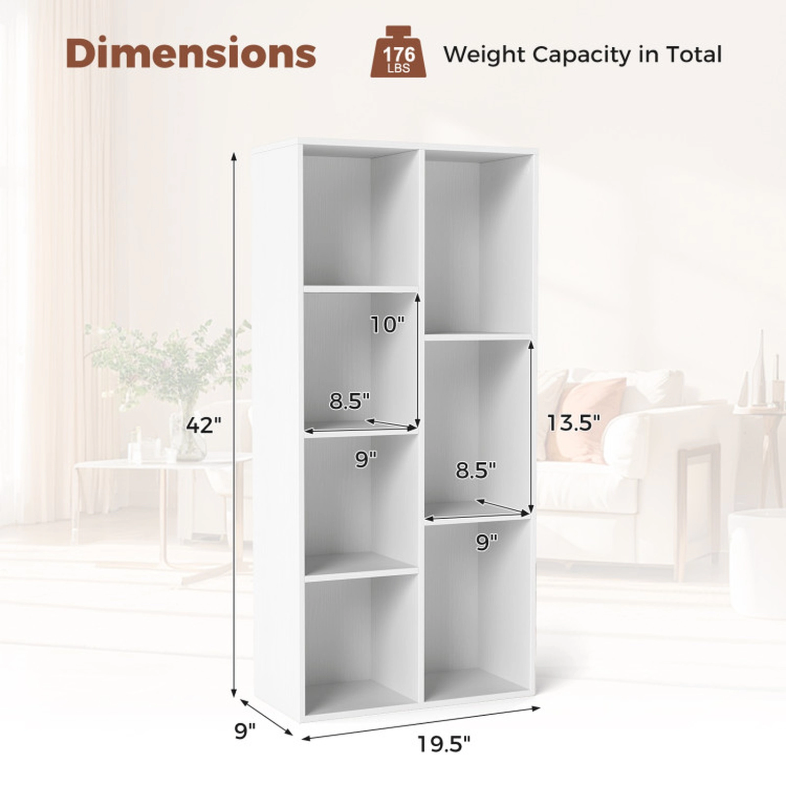 SUGIFT Vertical or Horizontal Freestanding Bookshelf with 7 Compartments 176-lb Capacity 19.5-in Wide White