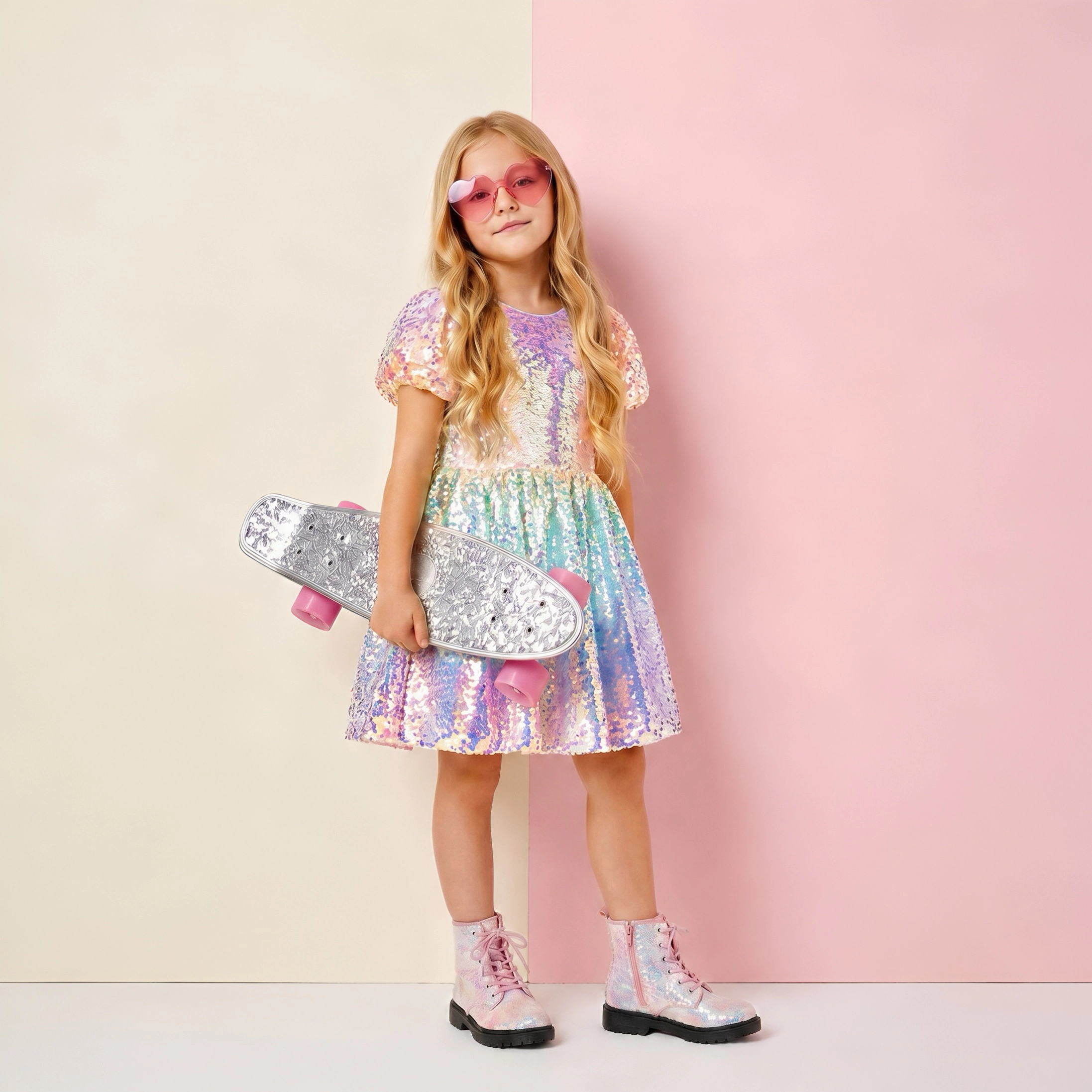 2Bunnies Girls Ombre Sequin Puff Sleeve Fit and Flare Party Dress