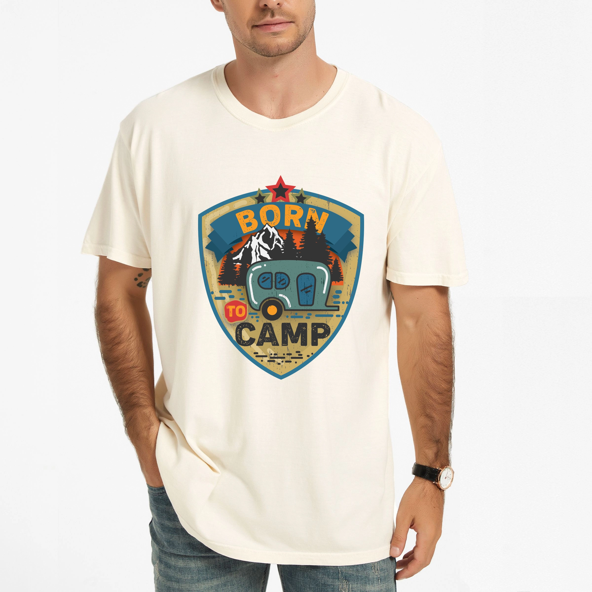 Simply Sage Market - Born To Camp Badge Men's Garment Dyed Graphic T-Shirt