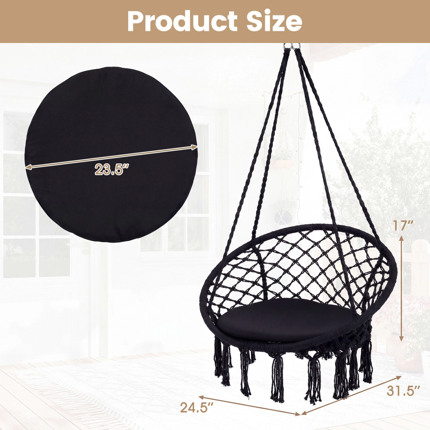 LJG Macrame Swing Chair Hammock with Round Seat Cushion