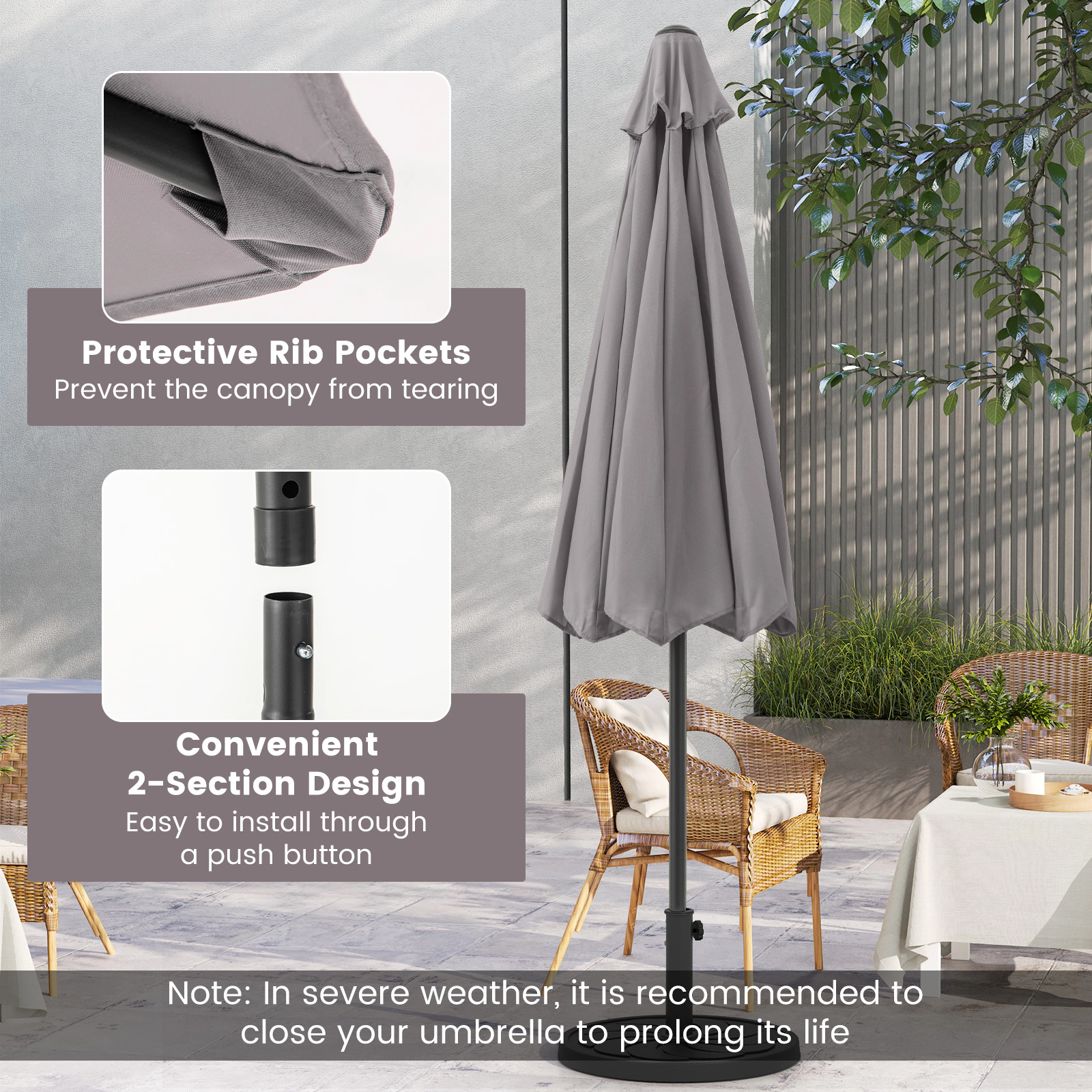 SUGIFT Powder-Coated Heavy Duty Market Patio Umbrella with Crank Handle and 8 Metal Ribs 9.5-lb Net Weight Gray