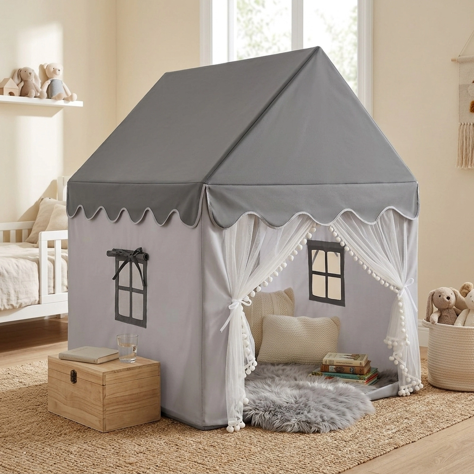 Kids Play Tent Indoor Castle Playhouse with Thick Cotton Mat and Mesh Door 47-in x 41-in x 55-in Gray