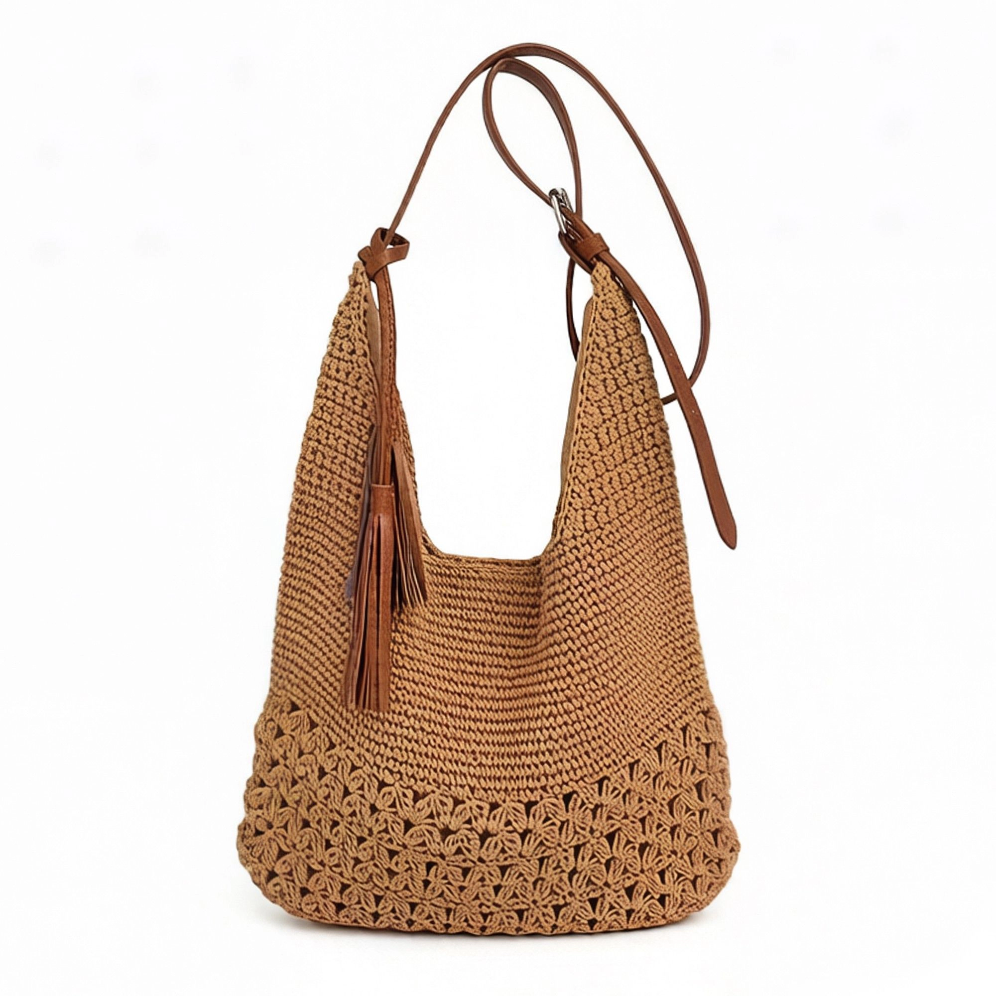Alilang Women's Crochet Hobo Shoulder Bag with Tassel Detail Adjustable Strap Slouchy Knit Handbag Casual Tote