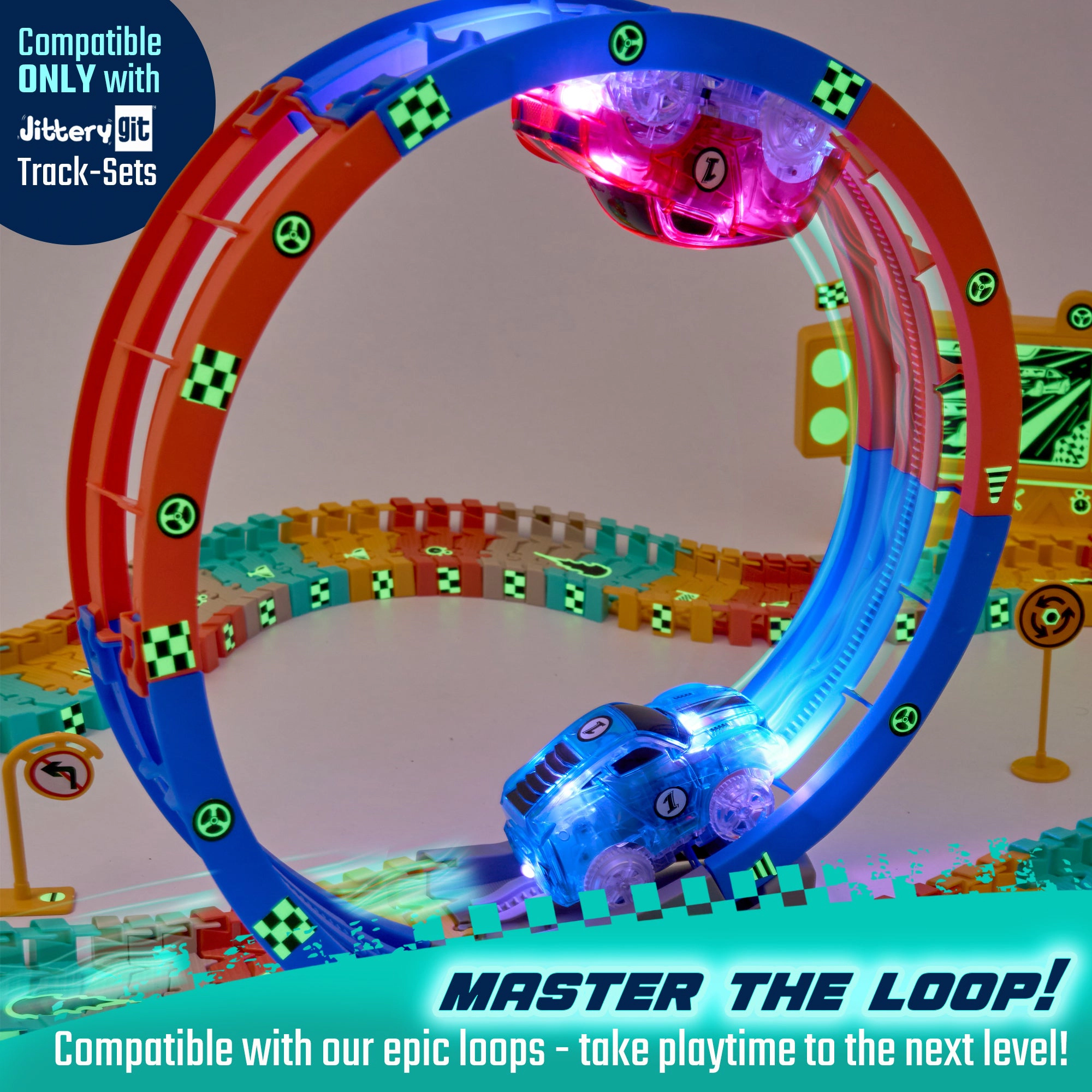 JitteryGit Kids Light-Up Racer Cars - 2-Pack Replacement Cars for Glow Flex Tracks, Red & Turquoise