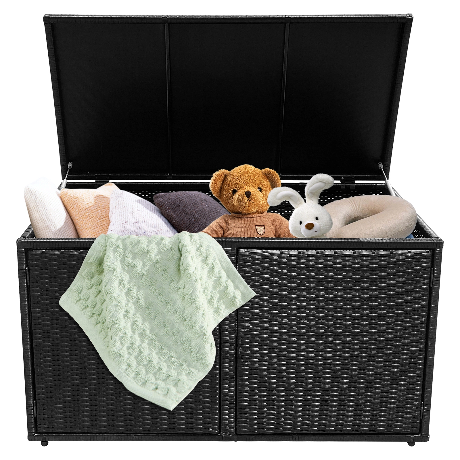SUGIFT 88 Gallon Garden Patio Rattan Storage Box with Adjustable Feet and Shelf 110-lb Capacity Black