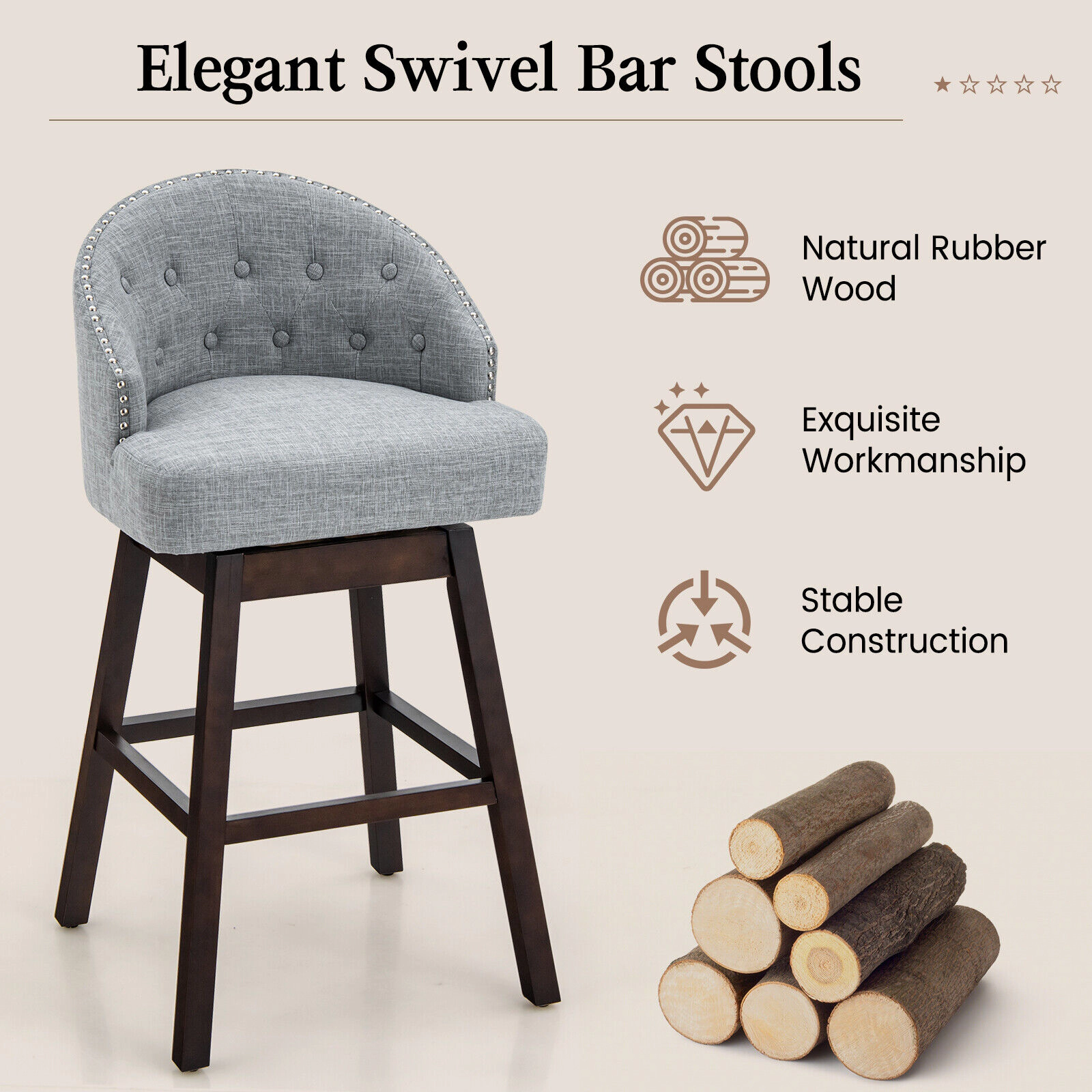 Glintex 2-Piece 31-Inch Swivel Bar Stool Set with Tufted Linen Back, Gray & Walnut