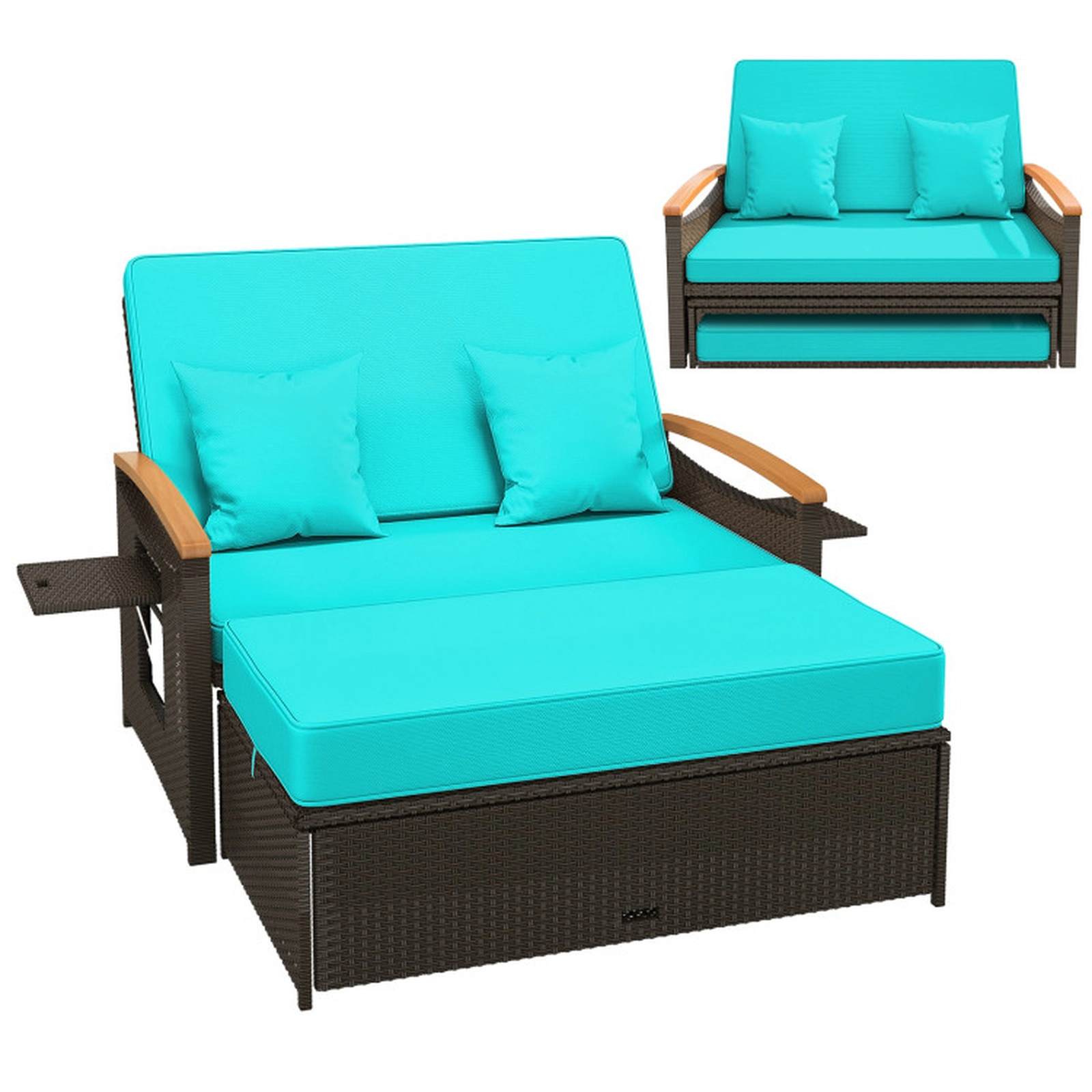 SUGIFT Green PE Rattan Outdoor Daybed Loveseat with Ottoman, 4-Level Backrest, 800-lb Capacity