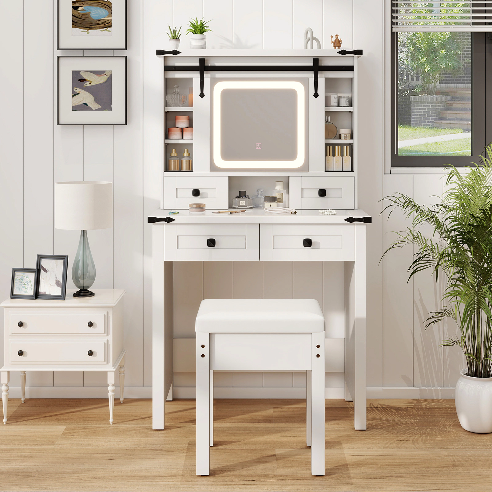 LJG Makeup Vanity Desk with Mirror and Adjustable Storage Shelves
