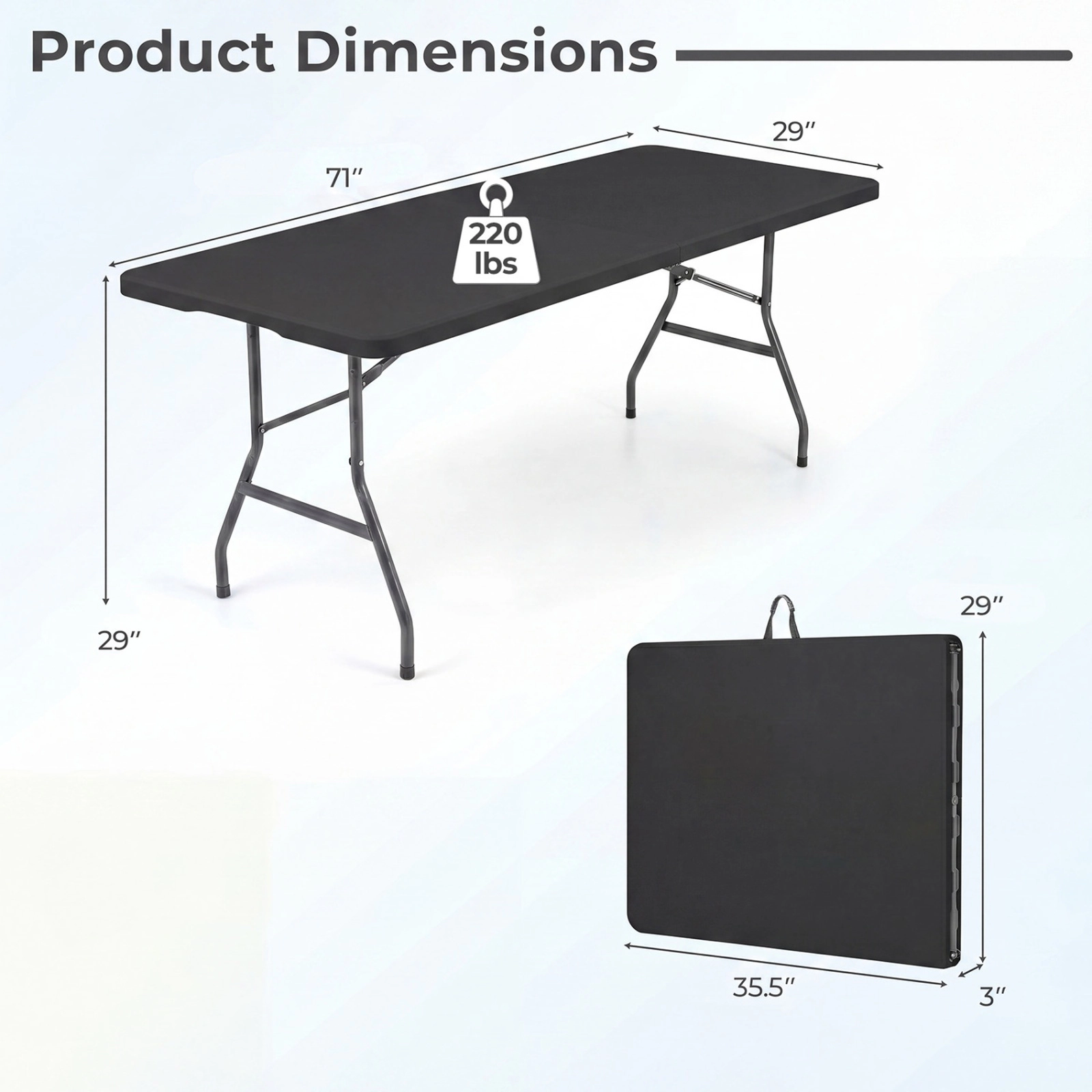 SUGIFT 6 ft Fold-in-Half Camping Table Black HDPE Portable Outdoor Table