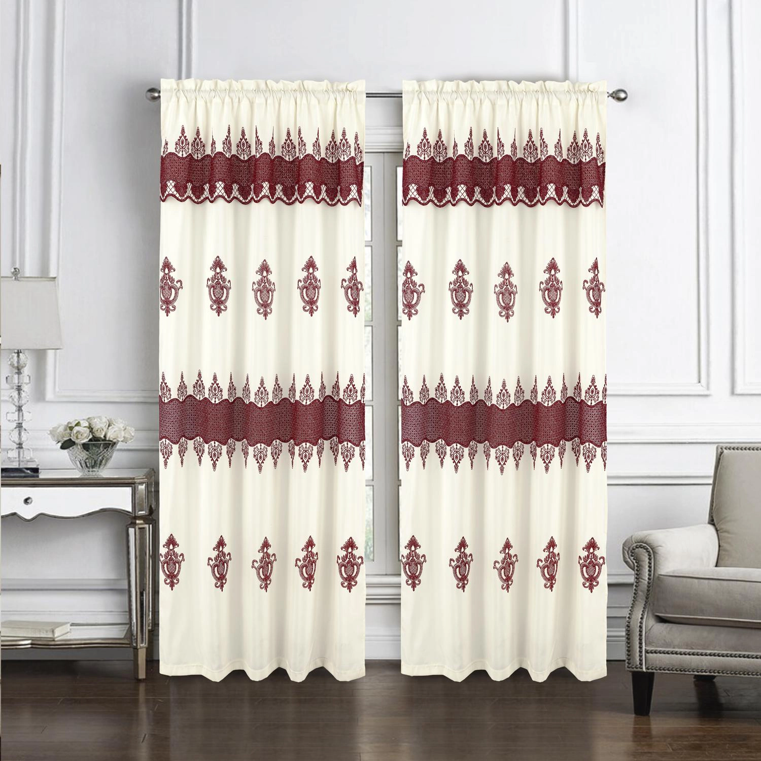 RT Designers Collection Debbie Macrame Construction 3" Rod Pocket Curtain Panel 54" x 90" Beige/Burgundy