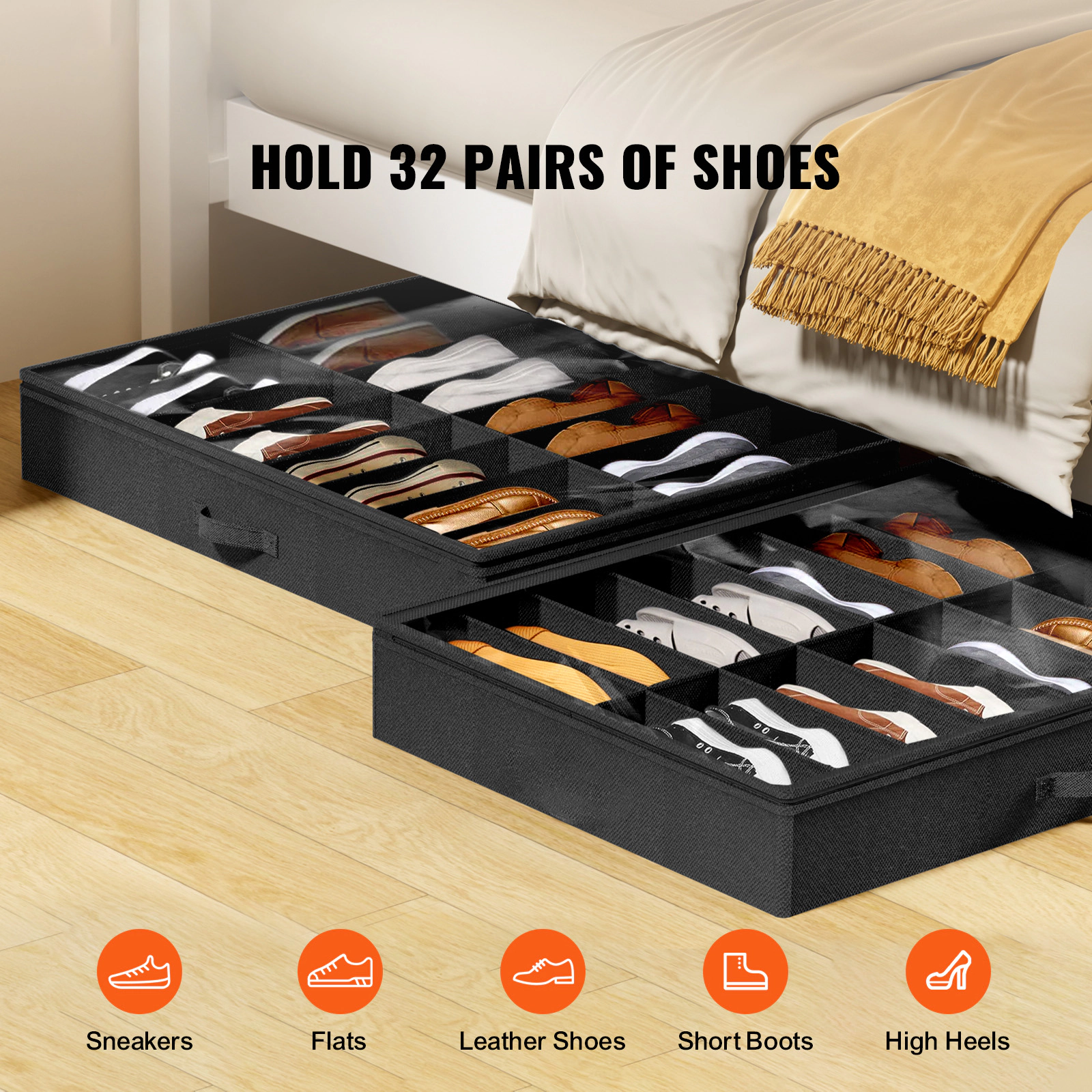 HONGGE Under Bed Shoe Storage Organizer with Clear Window and Reinforced Handles