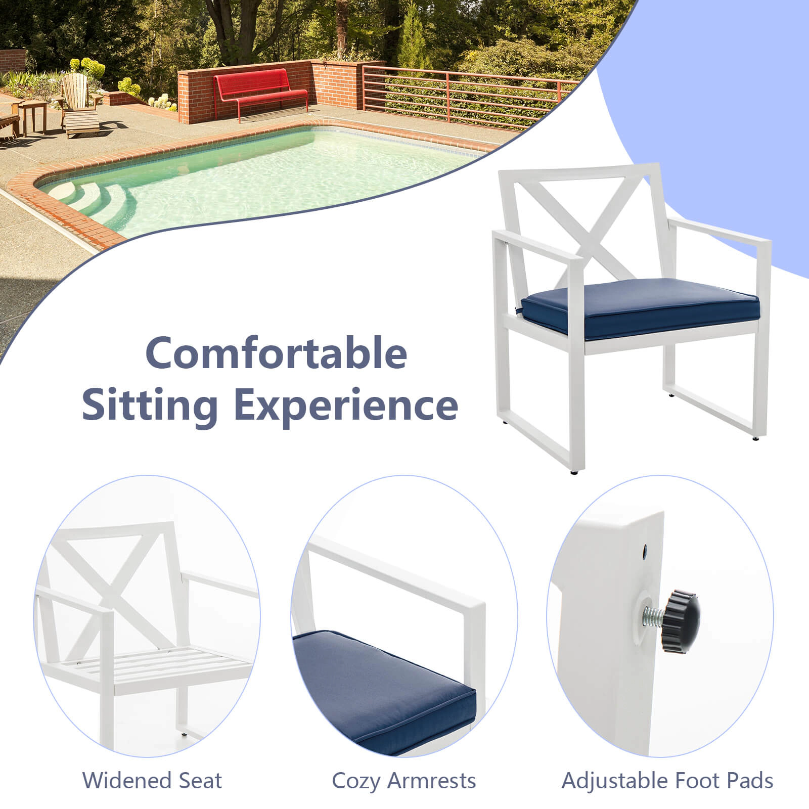 SUGIFT White and Navy Steel Frame Loveseat and Side Table 4-Piece Outdoor Conversation Set