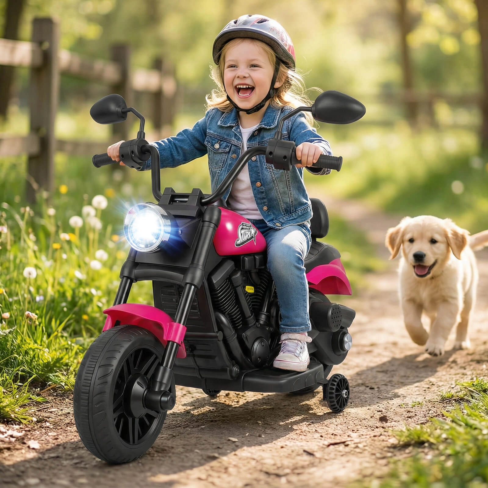 6V Kids Motorcycle Trike Swiveling Front Detachable Training Wheels Backrest Seat and Bright Headlight 18 Months+ Pink