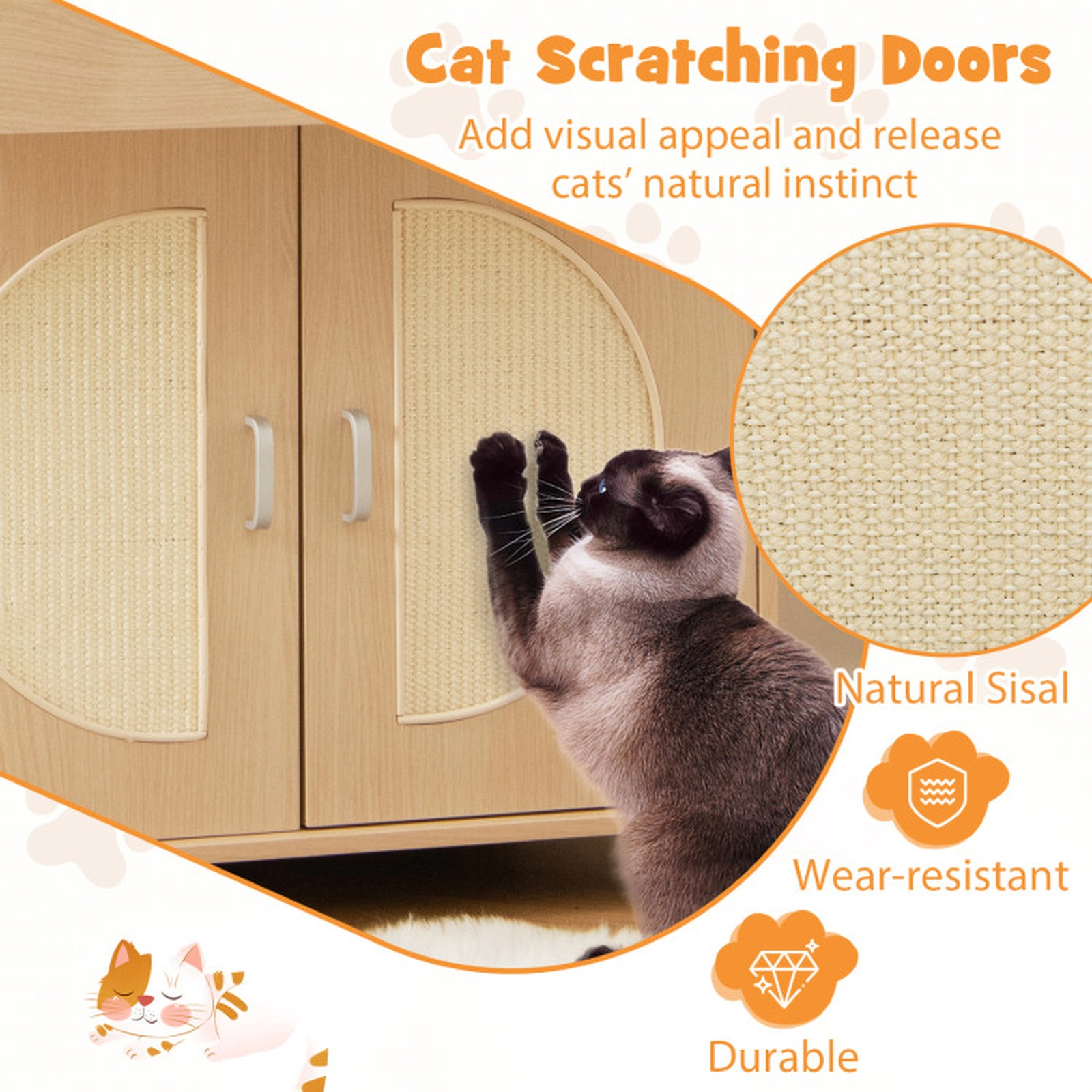 SUGIFT Cat Litter Box Enclosure with Sisal Scratching Doors and Storage 66-lb Tabletop Capacity Natural 1-Pc