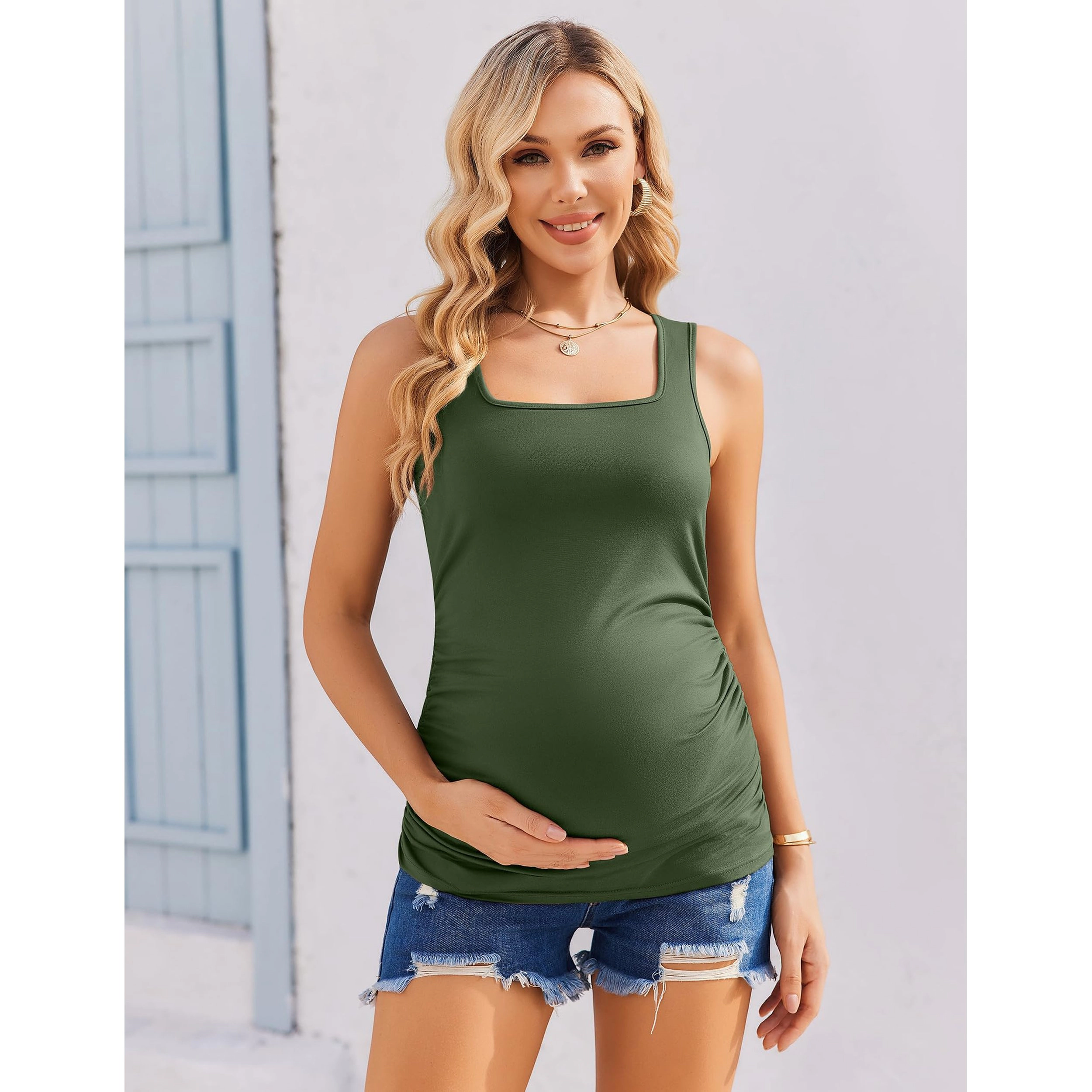 Ekouaer Women's Square Neck Sleeveless Ruched Maternity Tank Top