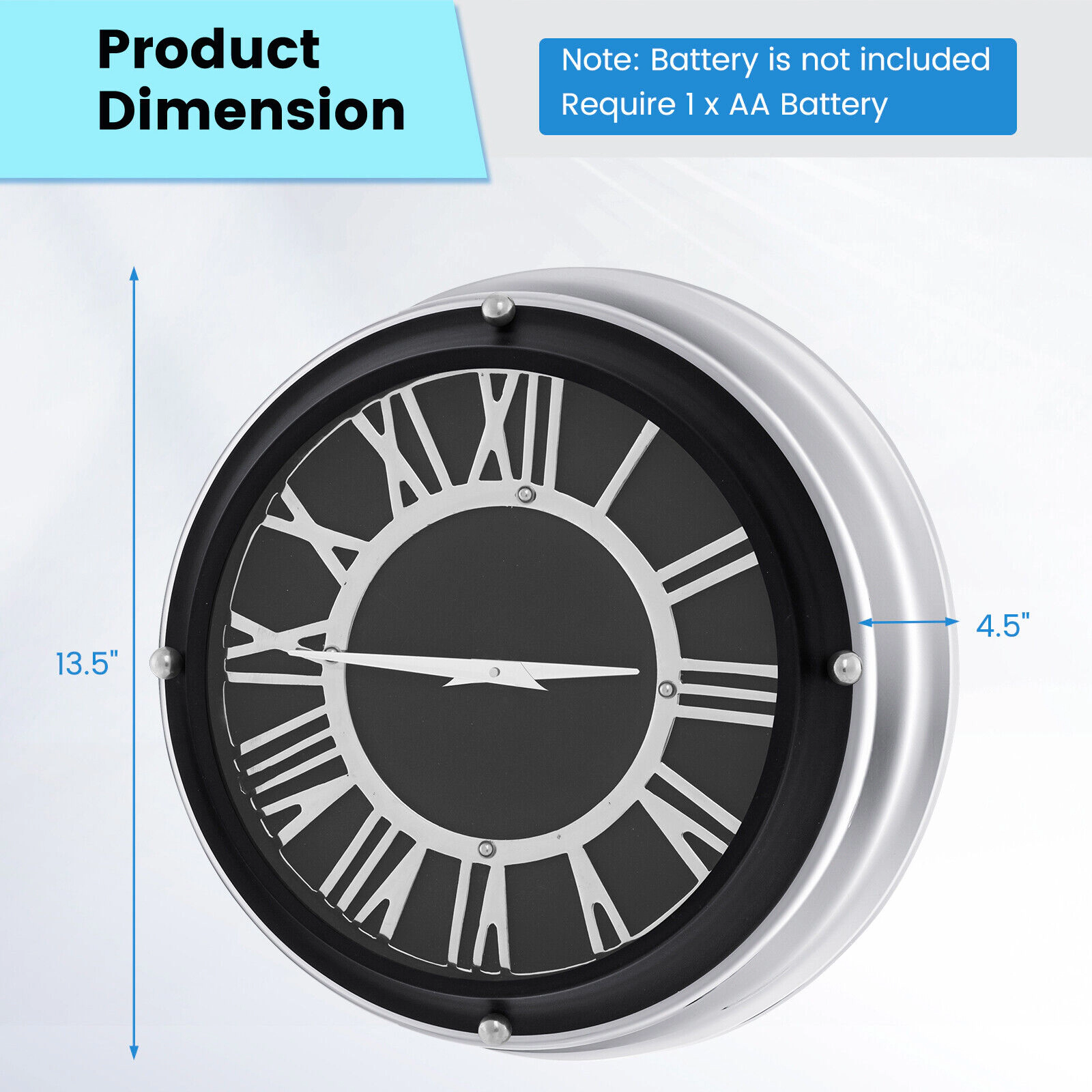 SUGIFT Silent Quartz Wall Clock with Silver Frame 17.5-in Face Stainless Steel Aluminum Glass 1-AA Battery Silver