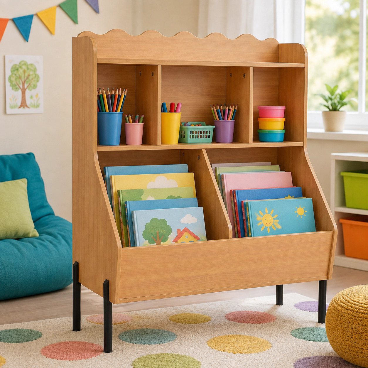 SUGIFT 5-Cube 36.5-in Montessori Kids Toy Storage Organizer and Wooden Bookshelf with Top Display Shelf