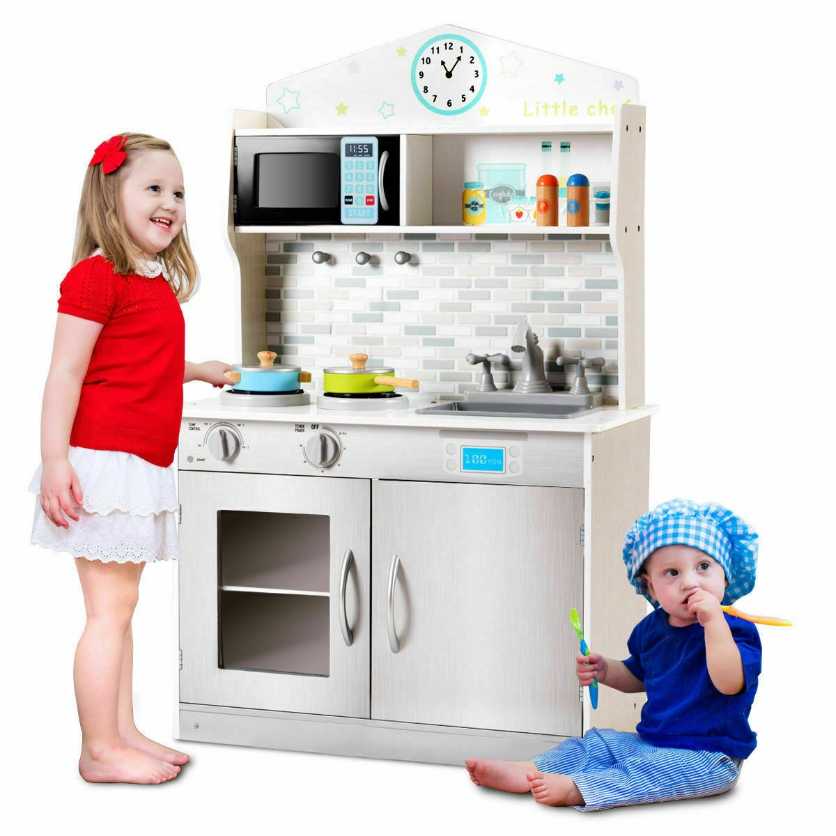 SUGIFT Wooden Pretend Cooking Playset Kids Kitchen with Accessories 37.5-in Tall Ages 3-8 Pink/Beige