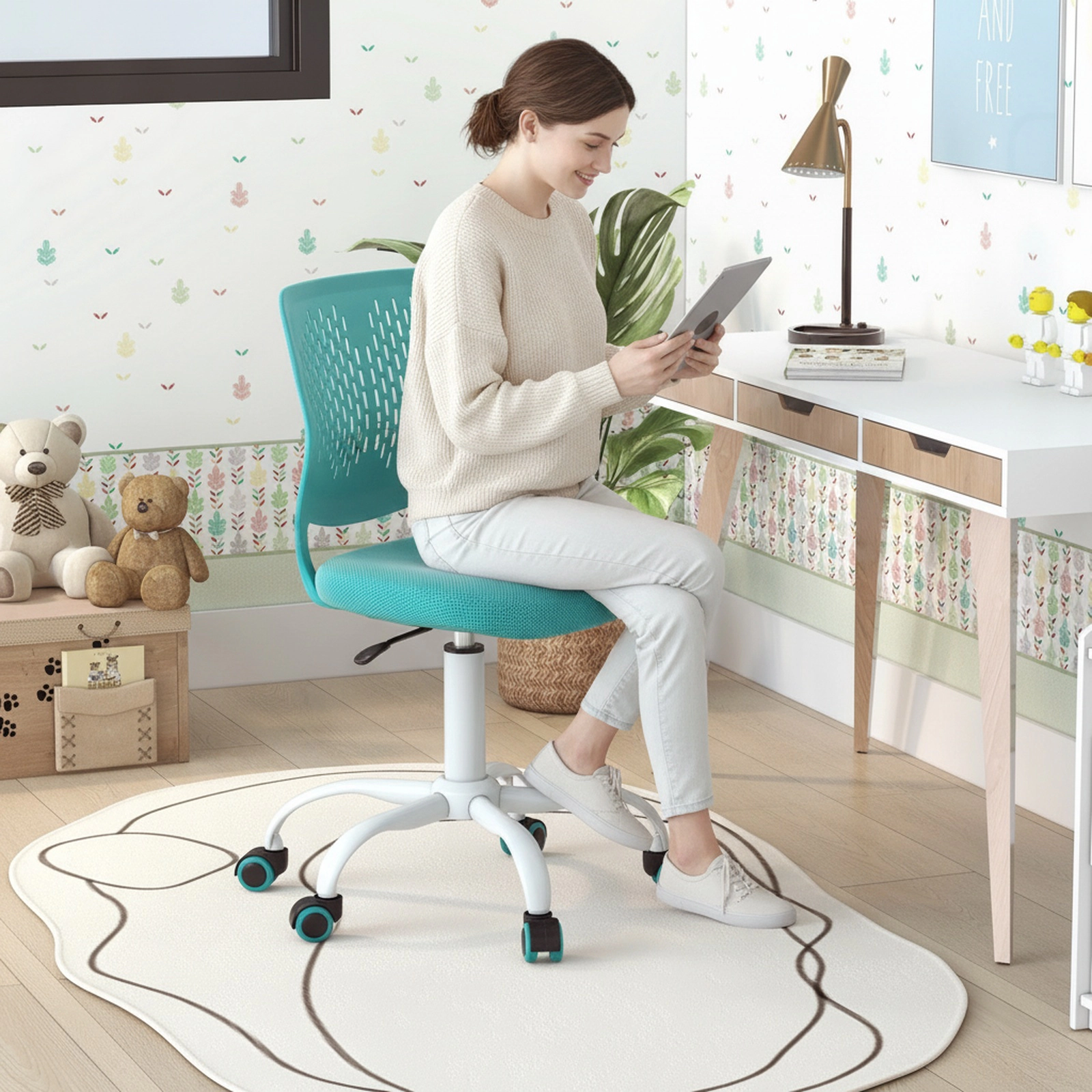 SUGIFT Kids Desk Chair, Height Adjustable 16.5-21 in, Turquoise Mesh Study Chair