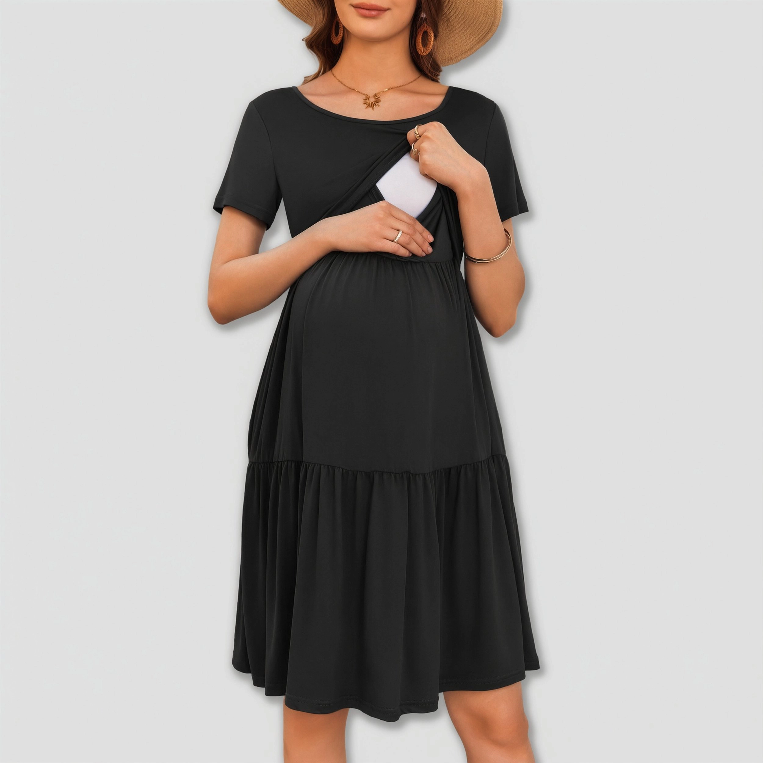 Ekouaer Nursing Dress Summer Short Sleeve Breastfeeding Casual Knee Length Maternity Dresses