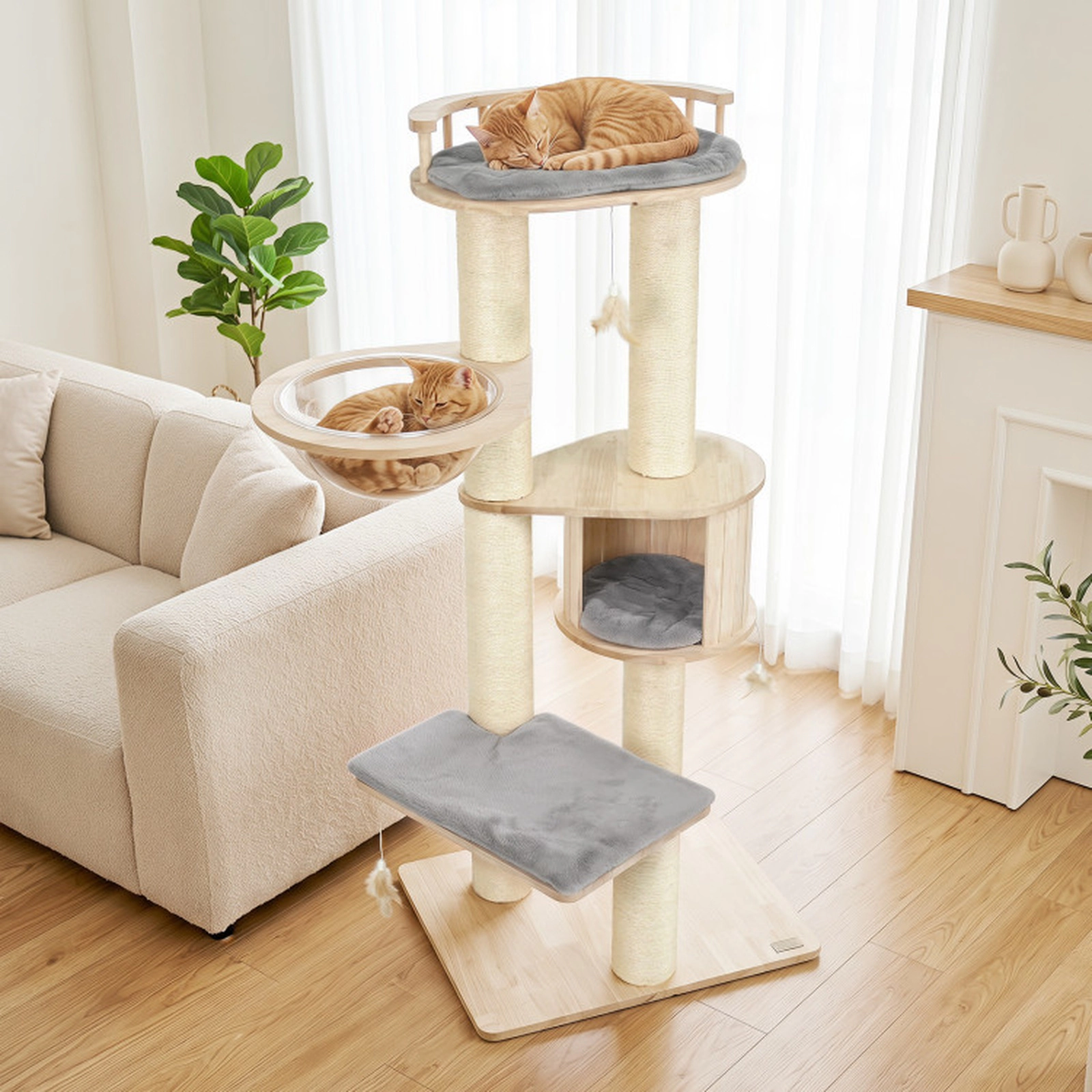 SUGIFT Gray 53.5-in Multi-Level Indoor Cat Tree Tower with Top Perch Condo Space Capsule and 3 Feather Toys