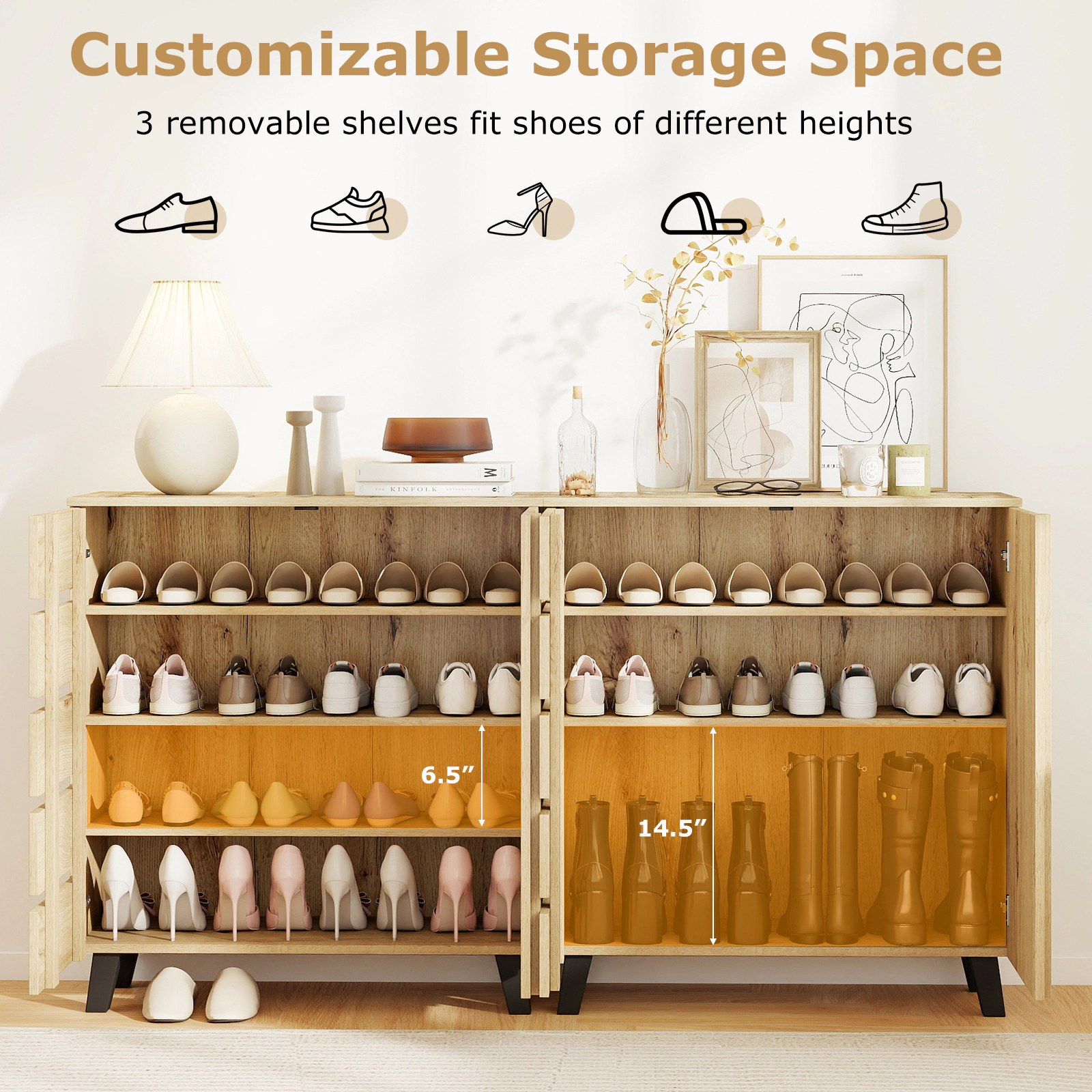 SUGIFT 4-Tier Shoe Cabinet Natural 2-Door Storage Organizer with Louvered Door