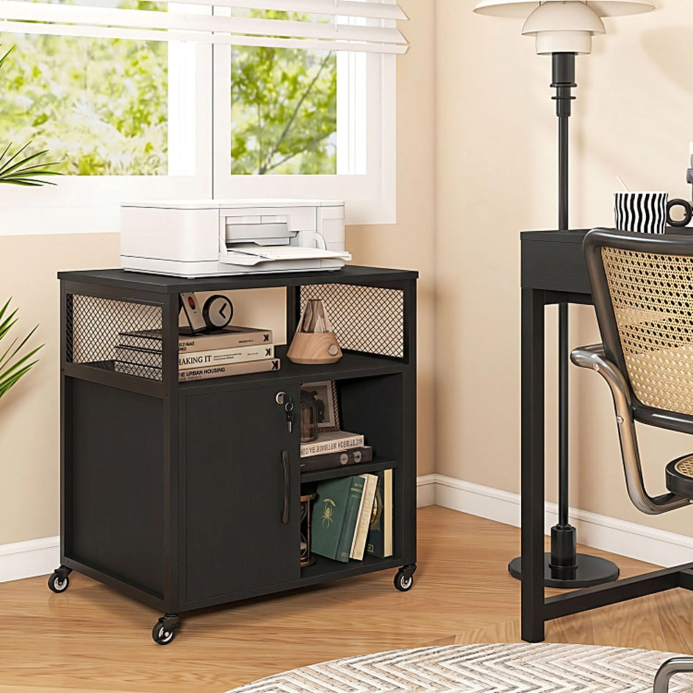 SUGIFT File Cabinet on Wheels Black with Charging Station and Cable Management Hole