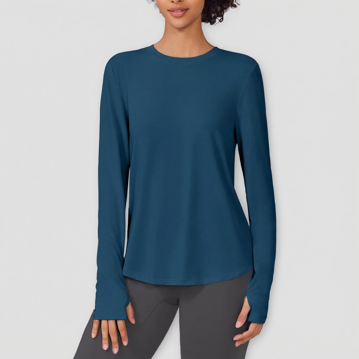 Pinspark Women's Long Sleeve Crew Neck Solid Thumb Hole T-Shirt