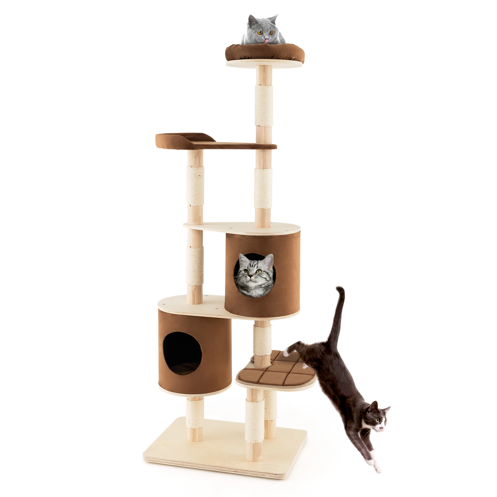 SUGIFT 75 in Wooden Cat Tree Brown 6-Tier with 2 Removable Condos and Padded Perch