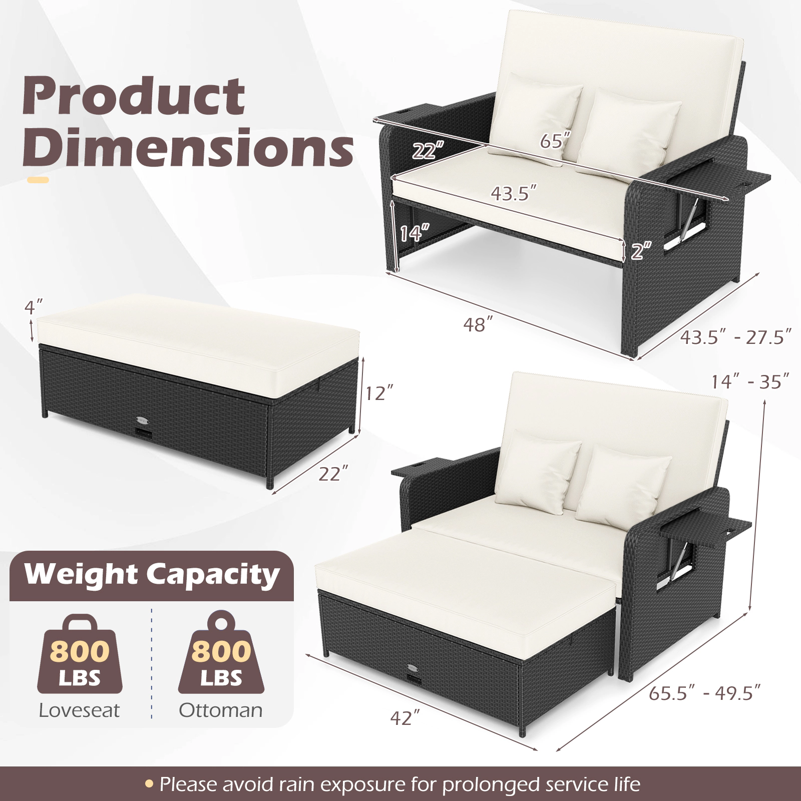 SUGIFT White 4-Level Adjustable Backrest and Storage Ottoman PE Wicker Outdoor Daybed