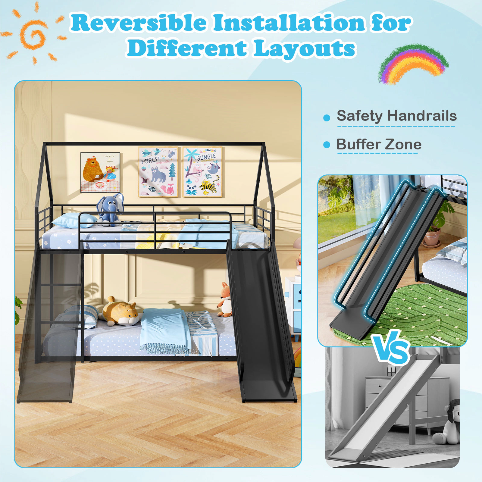 SUGIFT House-Shaped Metal Twin Over Twin Low Bunk Bed with Slide 250-lb Upper Bunk Capacity Black/White