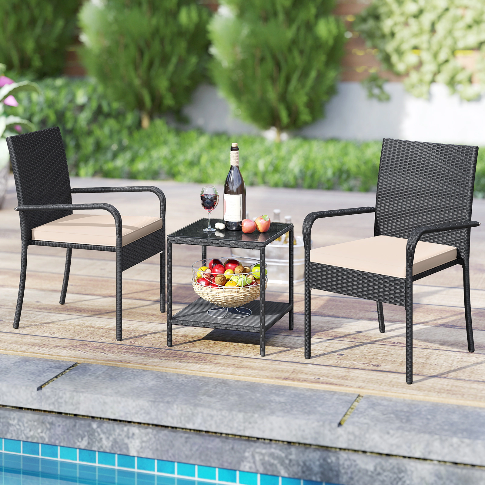 LJG 3 Piece Patio Furniture Set with Seat Cushions and Tempered Glass Tabletop