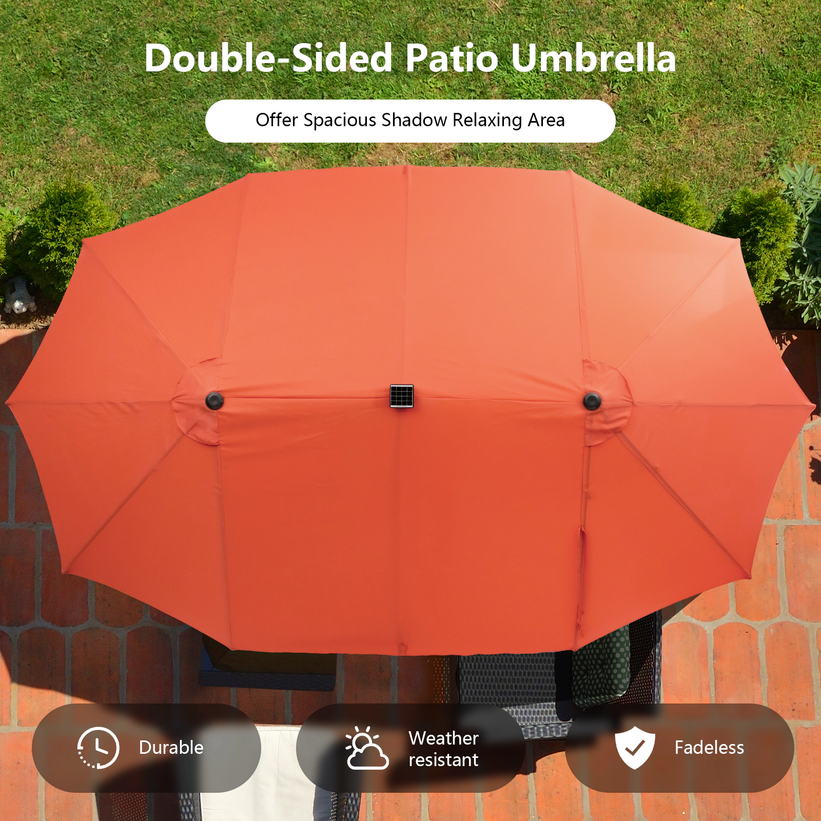 SUGIFT 15.4-ft Double-Sided Patio Umbrella with 48 Solar LED Lights & Sand-Ready Base Outdoor Garden Market Style Orange