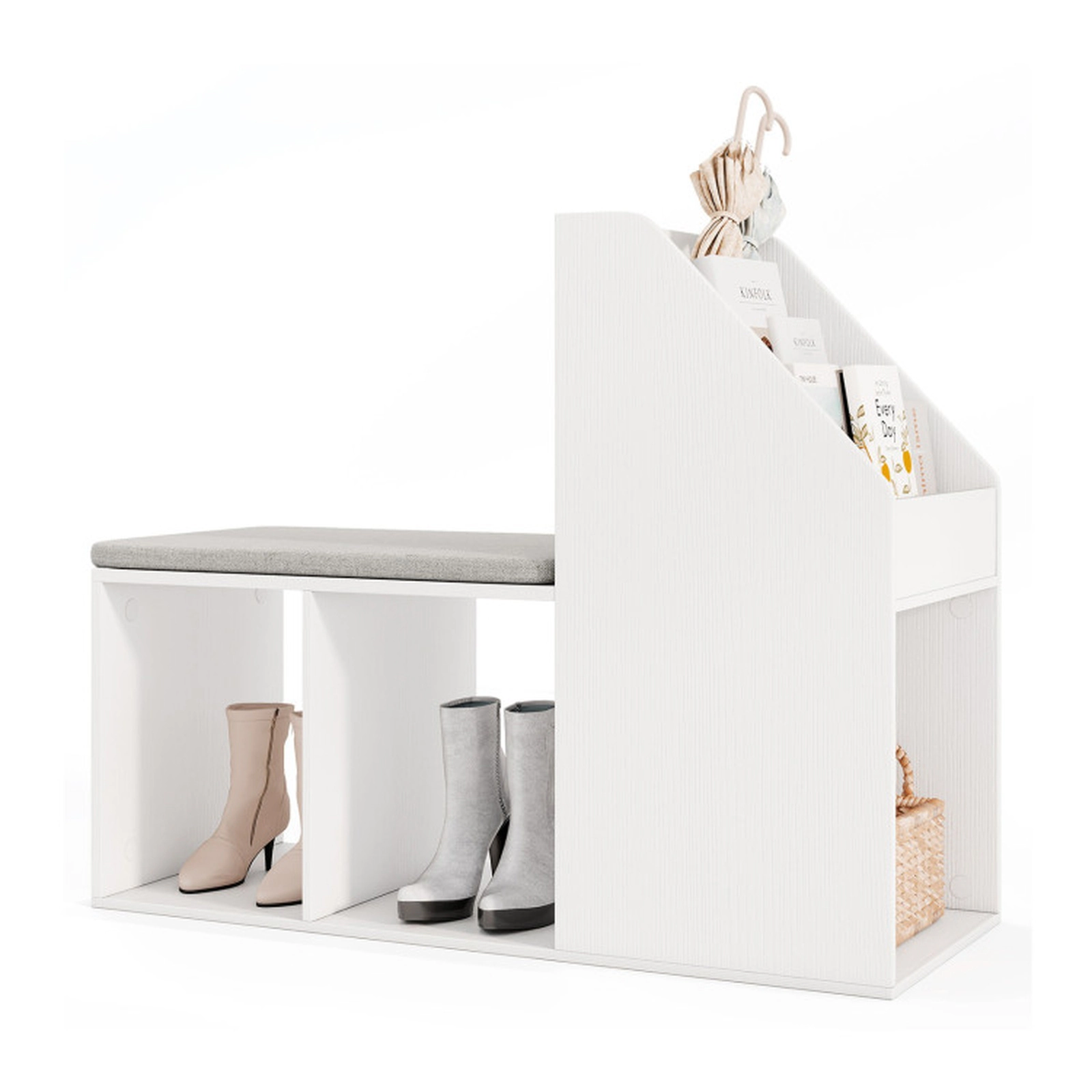 SUGIFT White Removable Washable Seat Cushion and 6 Compartments Shoe Storage Bench