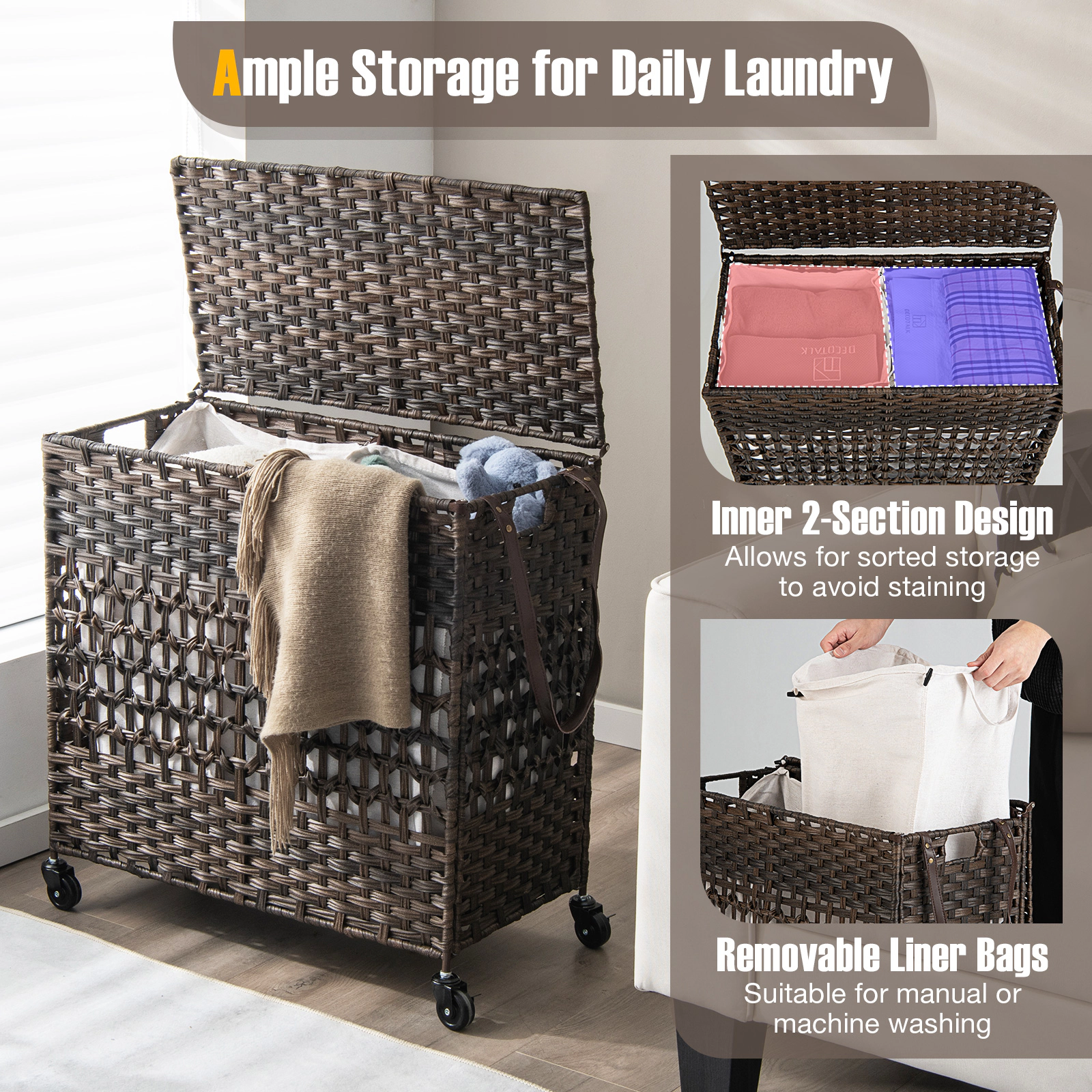 SUGIFT 110L 2-Section Laundry Hamper 2 Removable Washable Liner Bags 66-lb Capacity 25.5-in Tall Brown/Black/Natural
