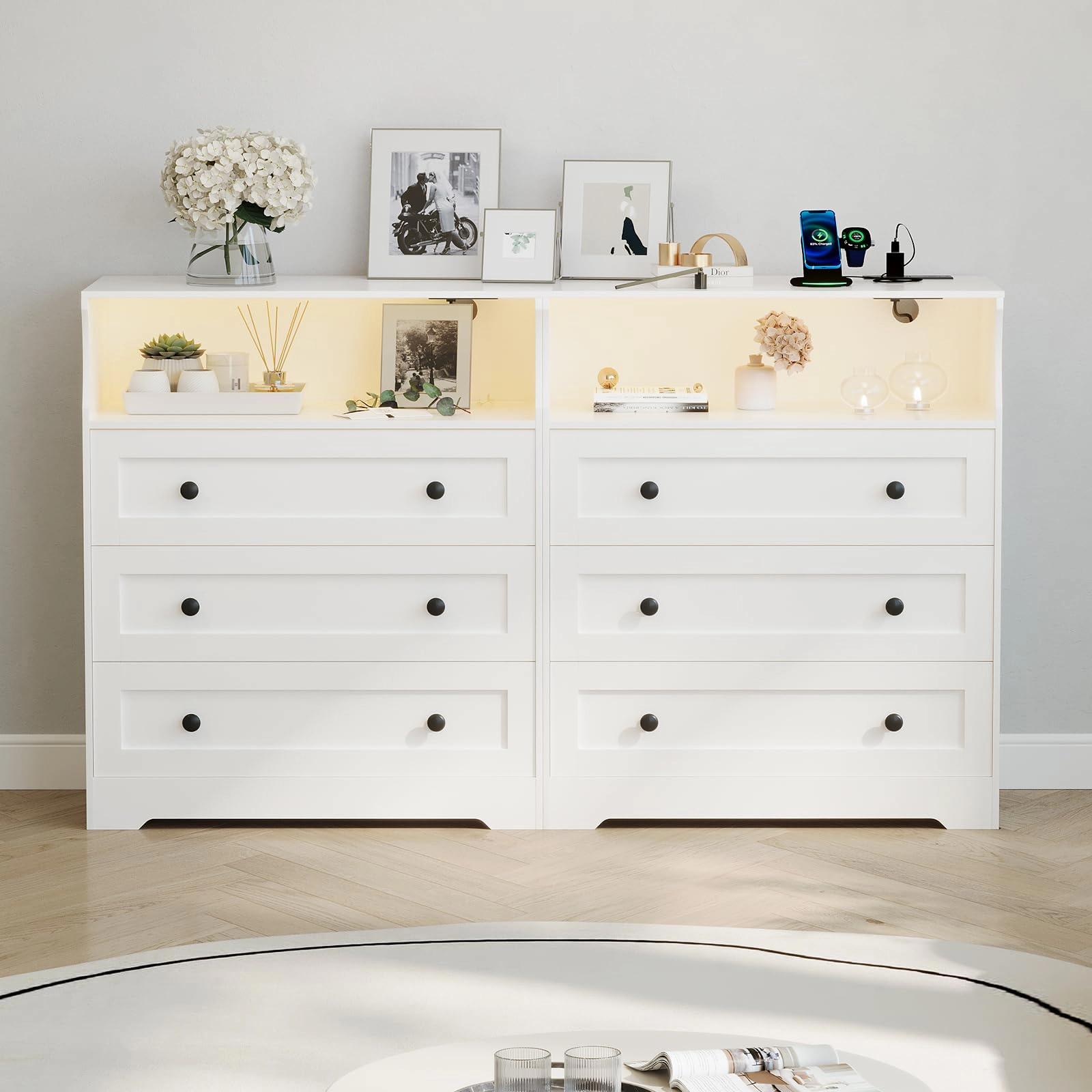 37.2" 3 Drawer Dresser with LED Lights & Charging Station, Wood Storage Chest Open Shelf