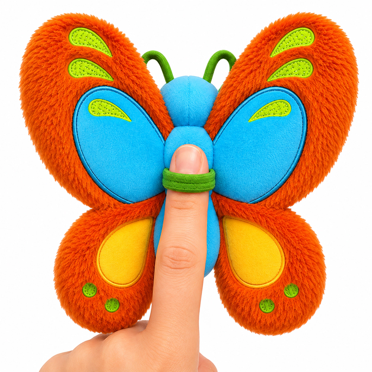 Auswella Plush® Orange & Blue Butterfly Plush – Interactive Flying Stuffed Animal with Finger Band