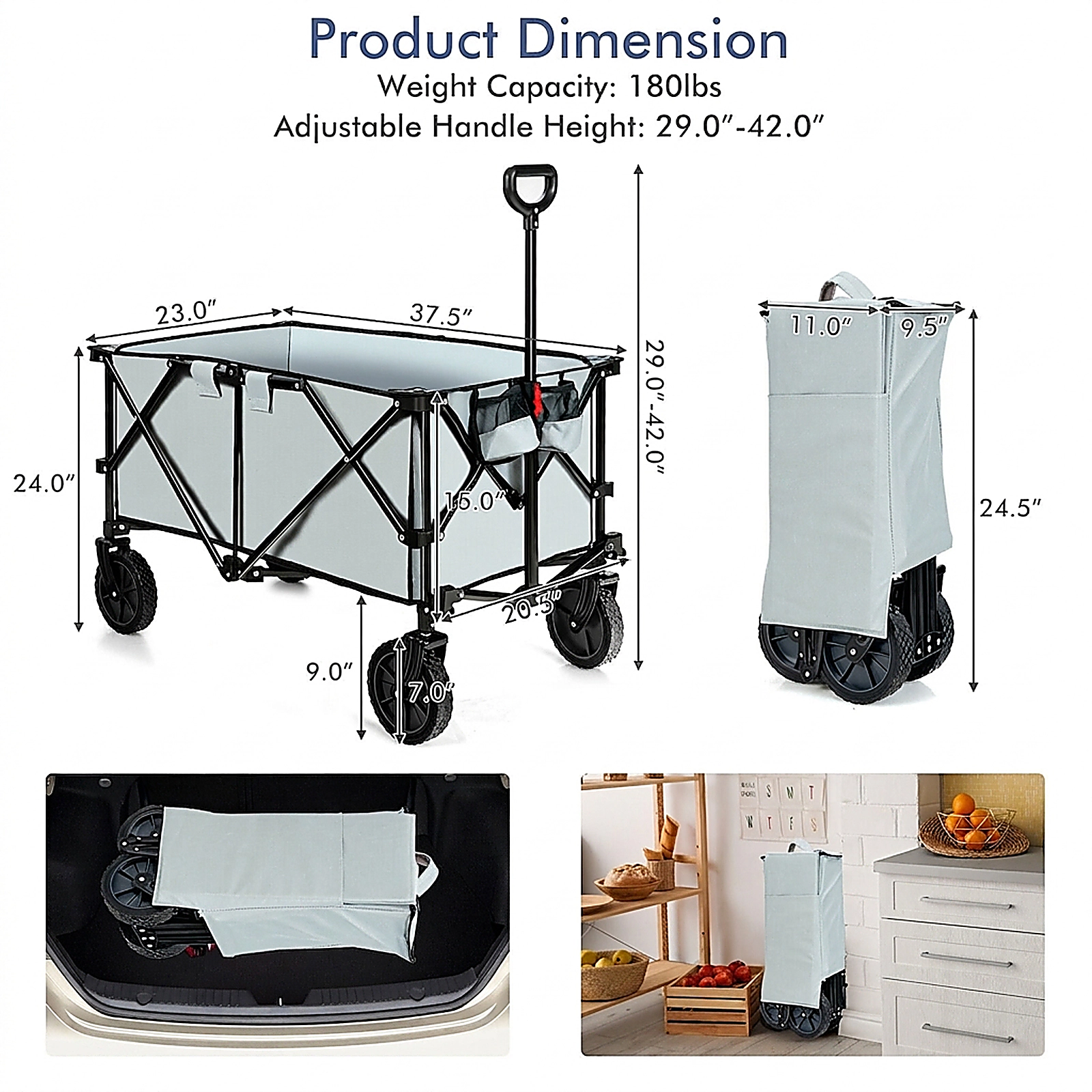 SUGIFT Folding Wagon Cart Gray with Adjustable Handle and 4 Universal Wheels