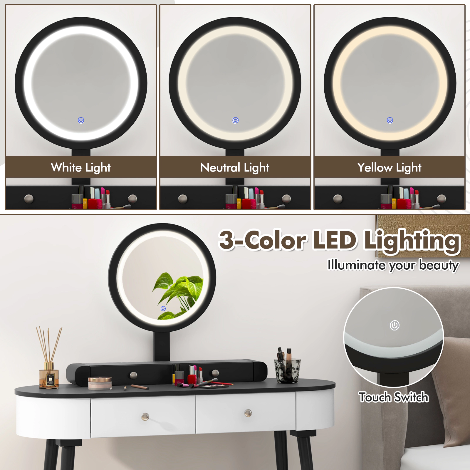 SUGIFT Makeup Vanity Table Set White and Black with Round LED Mirror and 3 Drawers