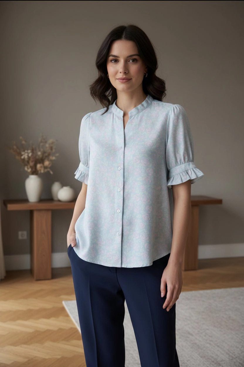 DressAtR Women's Stand Collar V Neck Puff and Cuff Sleeve Blouse