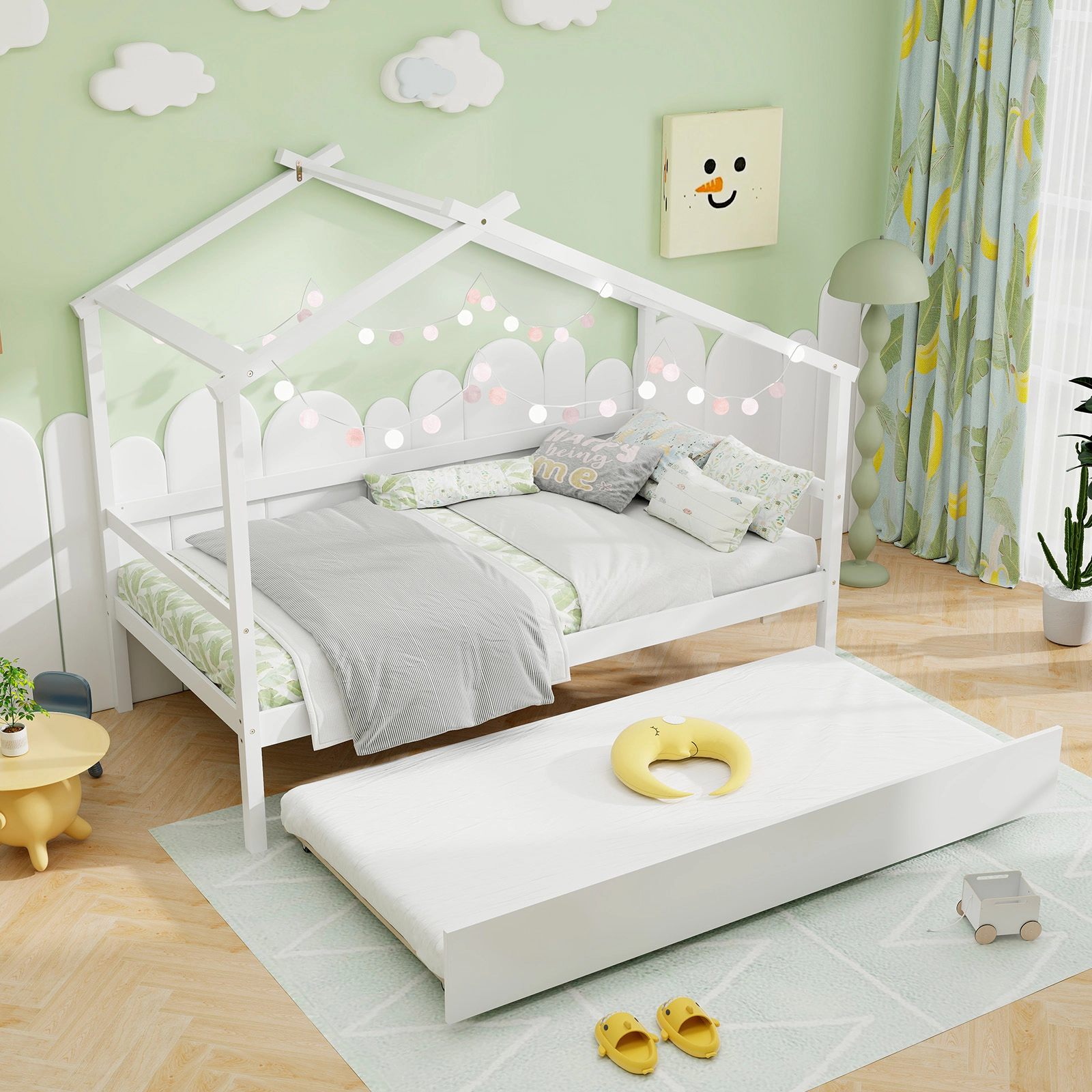 SUGIFT Kids Twin House Bed White with Trundle Roof Frame and Guardrails