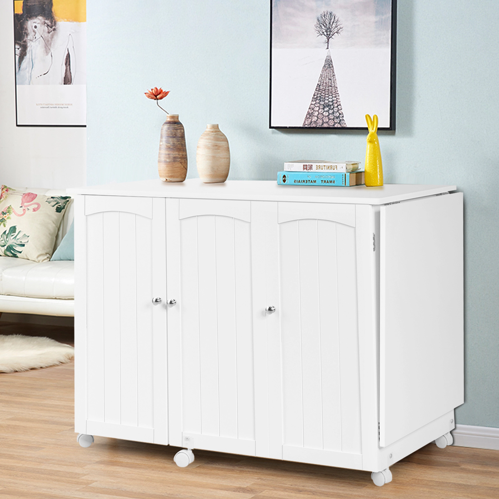 SUGIFT Fold-Out 3 Open Bins Cabinet Rolling Sewing Craft Table Desk 62.5-in x 20-in x 29-in Folds to 38.5-in White