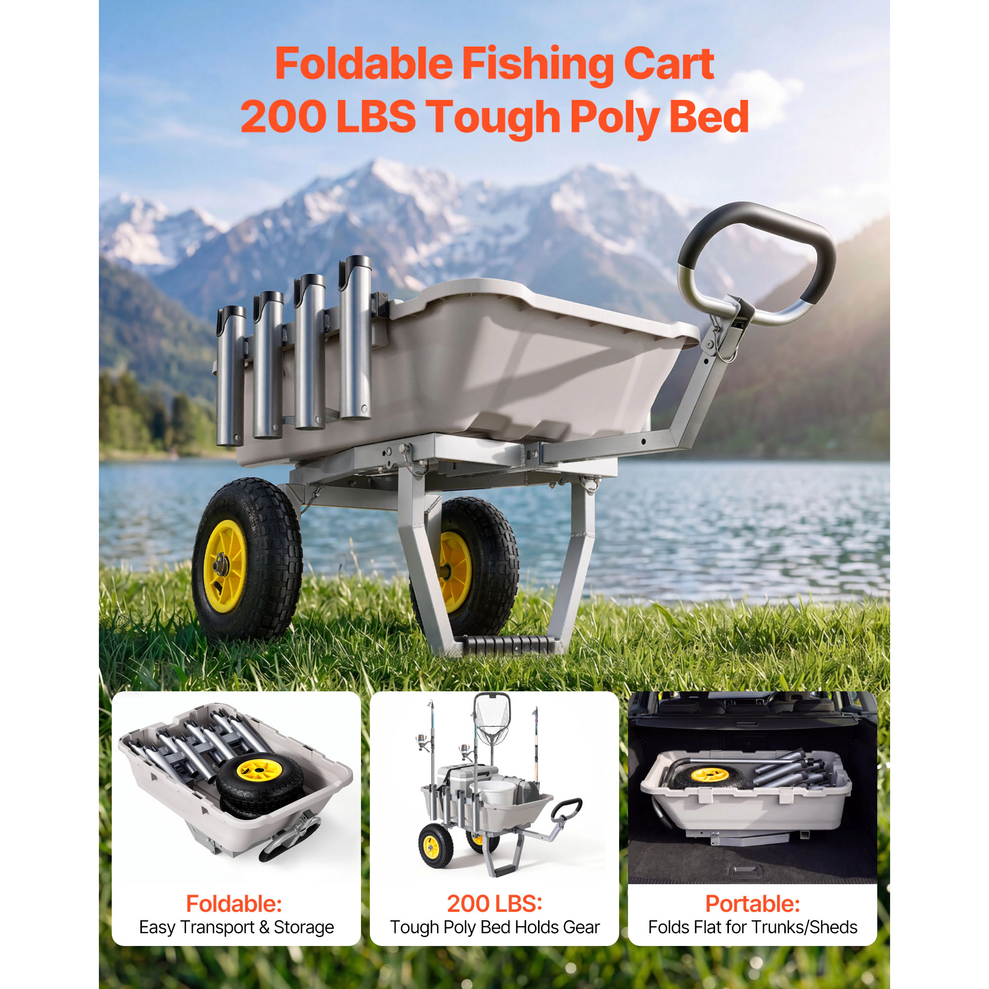 HONGGE Beach Fishing Cart with Poly Bed, 200 lb Capacity, 13-Inch All-Terrain Wheels, 8 Rod Holders for Camping Picnic